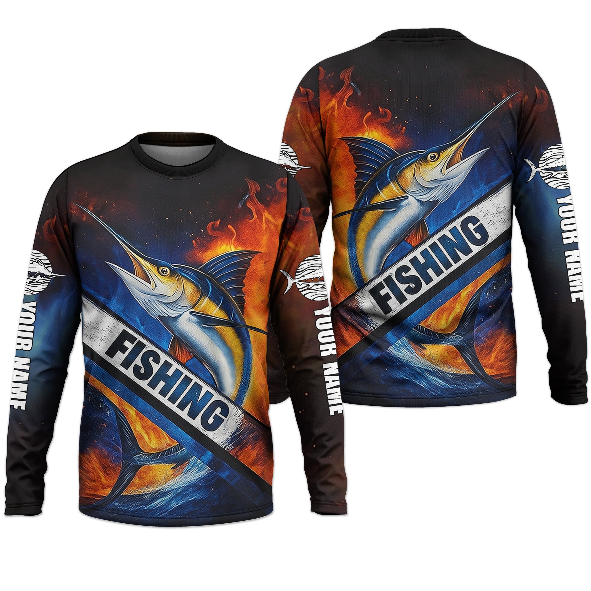 Swordfish Logo Fishing UPF Shirts, Long Sleeve Fishing Shirts, Hooded Fishing Shirt