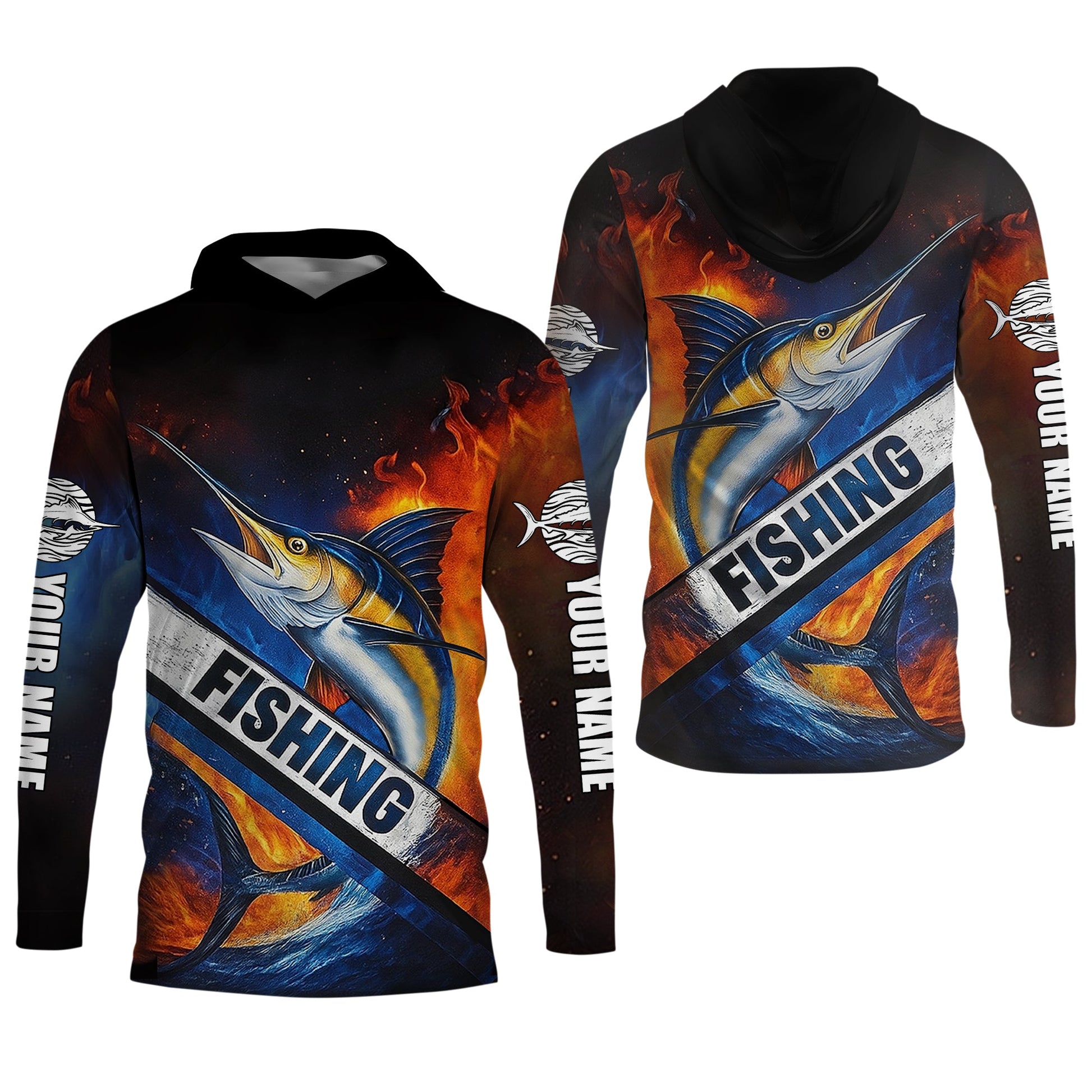 Swordfish Logo Fishing UPF Shirts, Long Sleeve Fishing Shirts, Hooded Fishing Shirt
