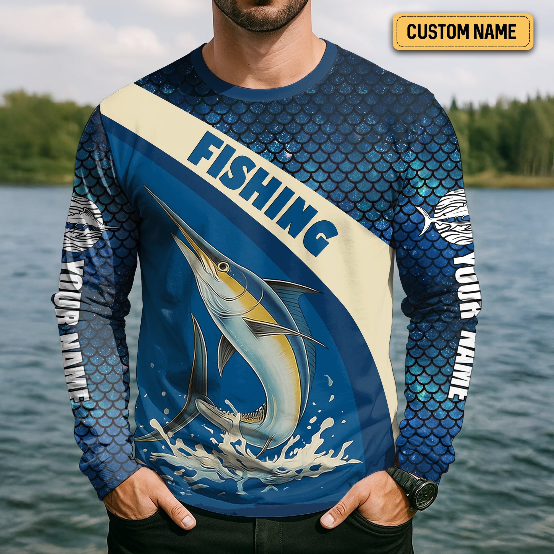 Swordfish Logo Hooded UPF Shirt, Fish Button Up Shirt, Fisherman Outfit, Presents For Fishermen