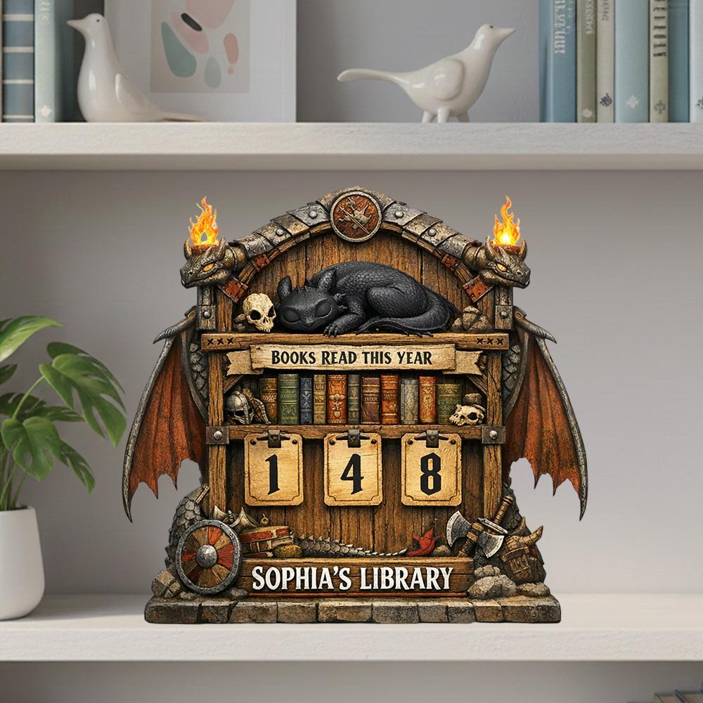 Personalized Wooden Book Counter Sign, Books Read This Year Tracker, Custom Name Library Decor, Vintage Fantasy Book Lover Gift