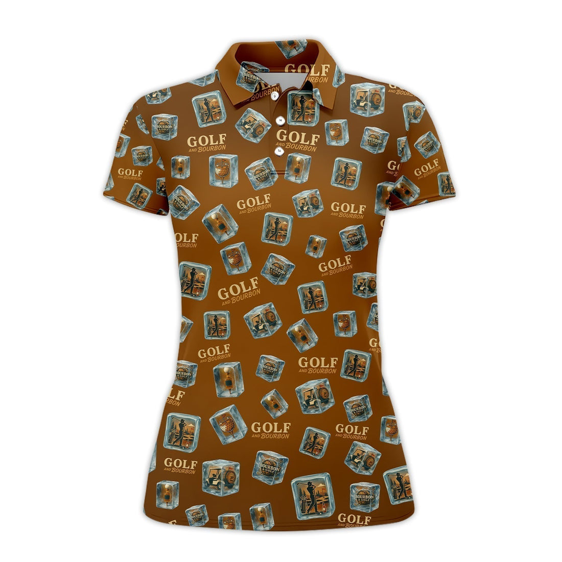 Funny Golf And Bourbon Polos, Brown Golf Shirt with Whiskey Ice Cube For Men, Pattern Crazy Golf Shirts For Golfers