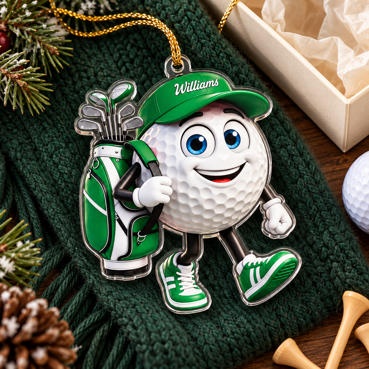 Custom Name Green Walking Golf Ball Acrylic Ornament, Christmas Ornaments, Golf Gifts