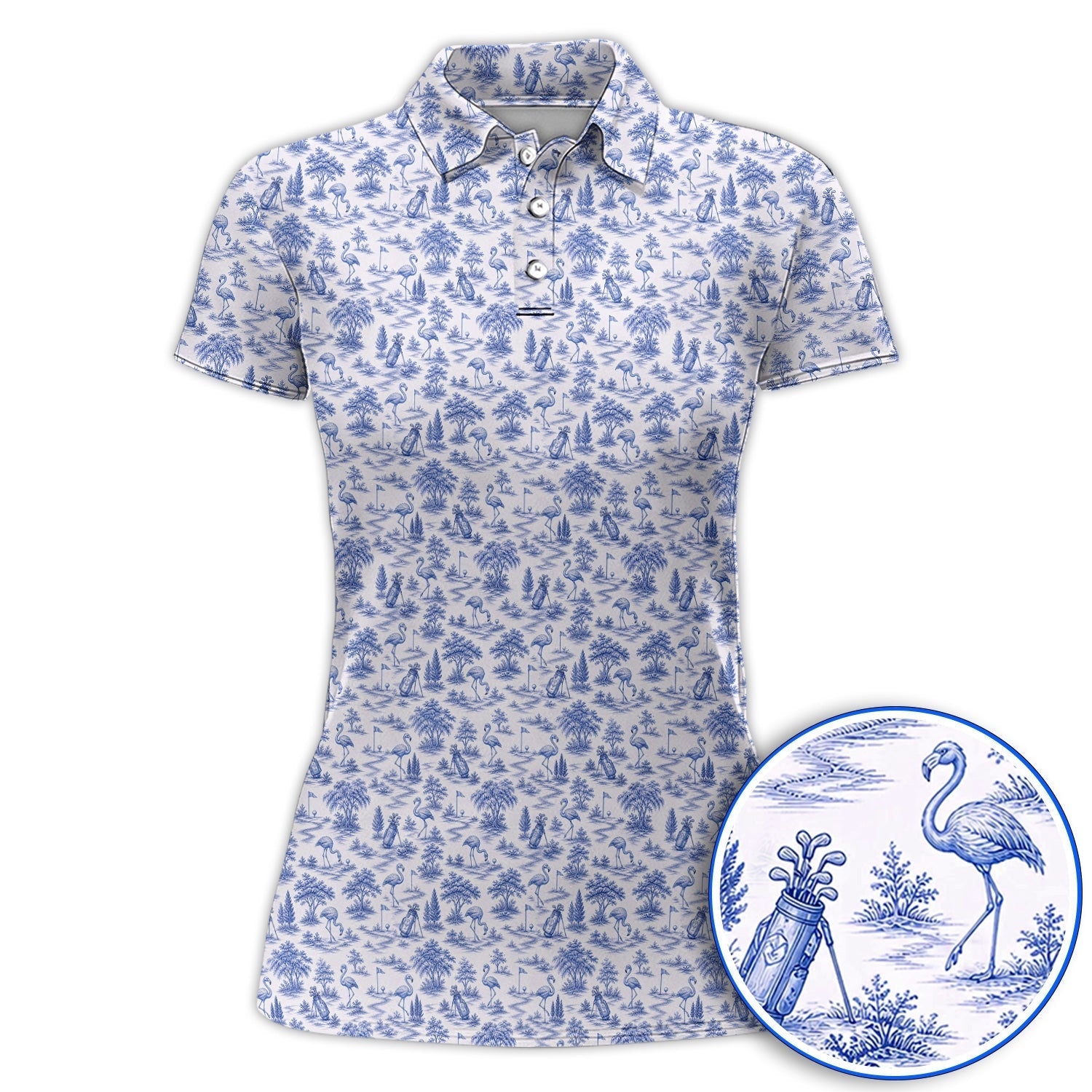 Toile De Jouy Flamingo Pattern Golf Shirt, Crazy Pink Golf Polos, Golf Gift For Golfer