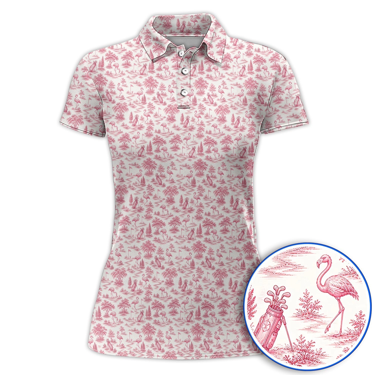 Toile De Jouy Flamingo Pattern Golf Shirt, Crazy Pink Golf Polos, Golf Gift For Golfer
