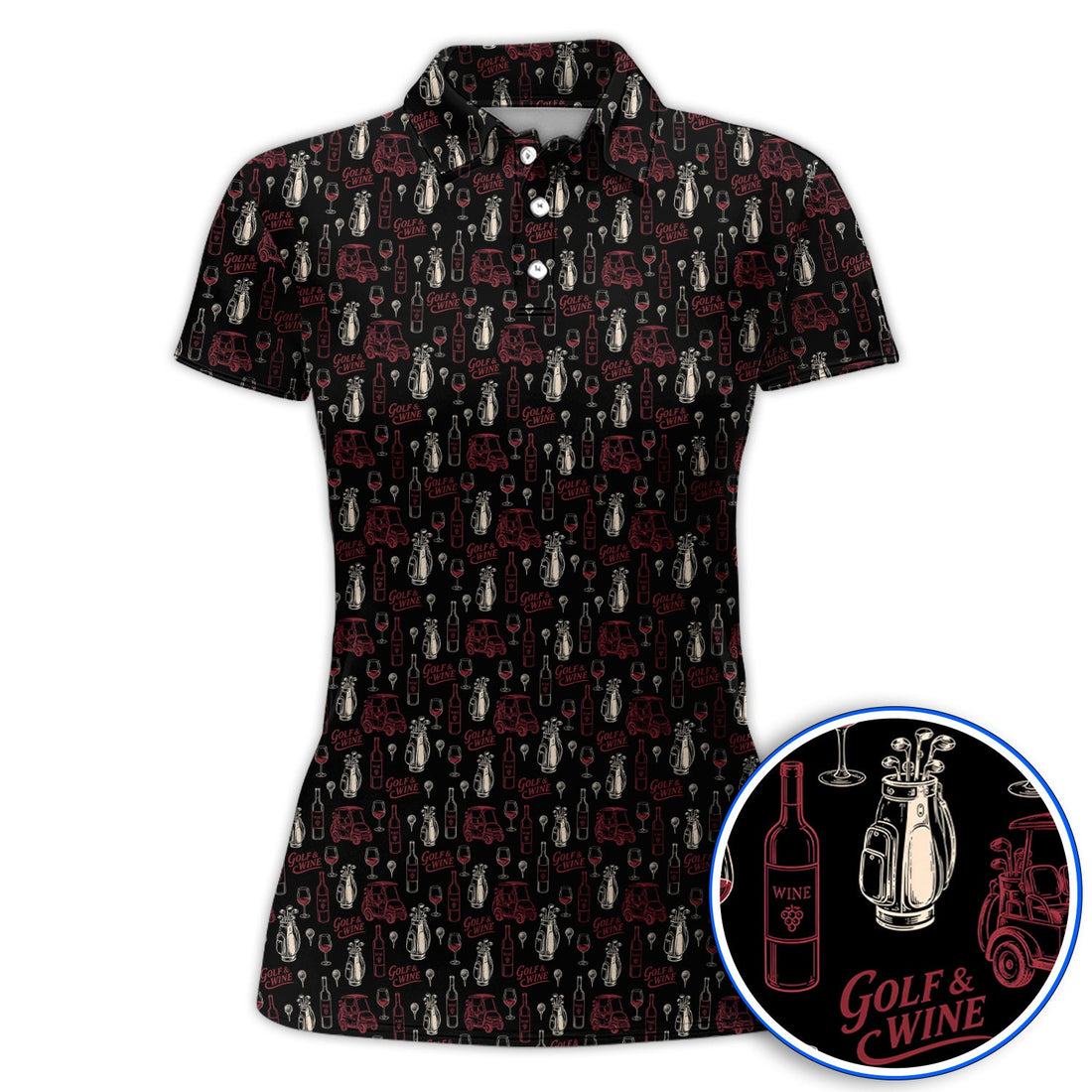 Funny Golf & Wine Pattern Golf Polos, Funny Golf Shirt For Wine Lover, Golf Gift For Golfer