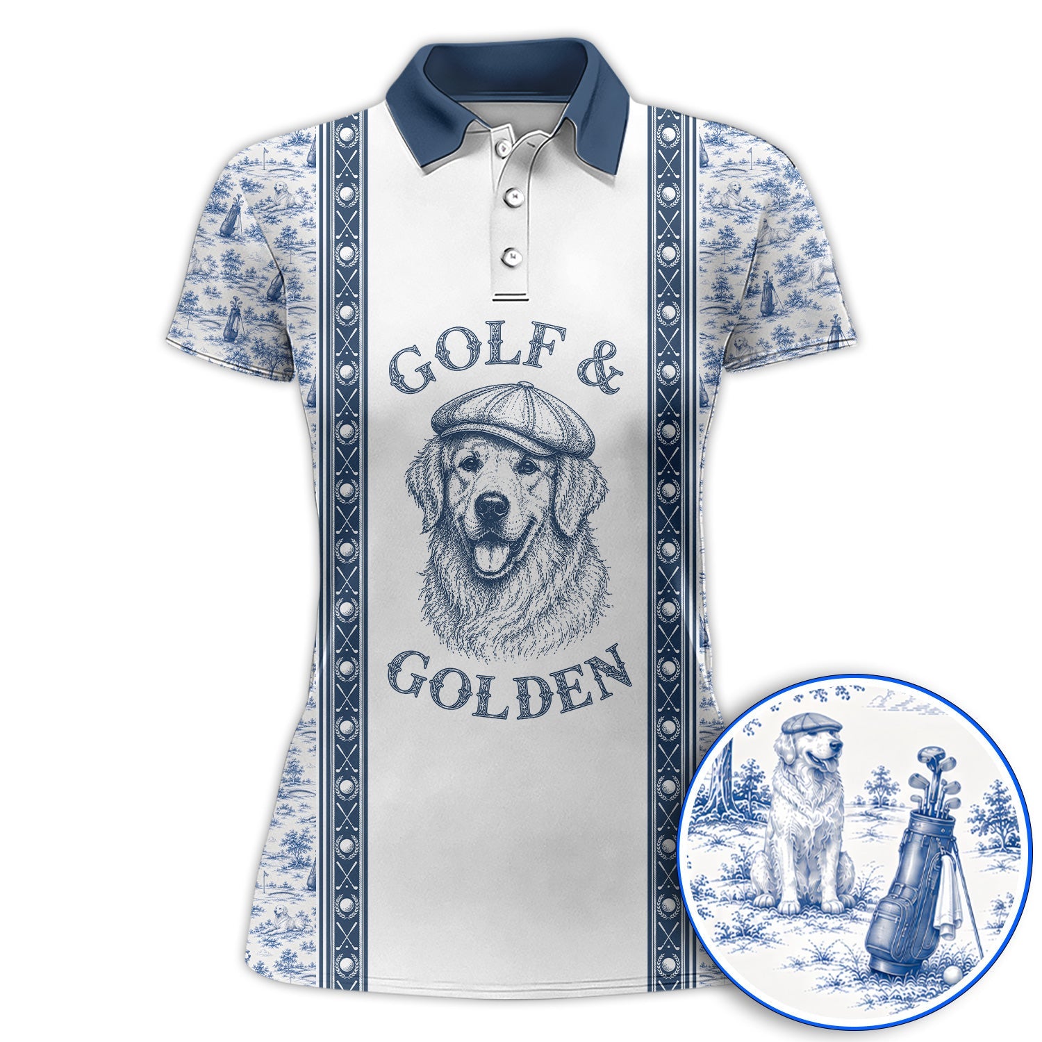 Golden Retriever Golf Shirt, Toile De Jouy Golden Pattern Golf Polos, Crazy Golf Gift For Golfer