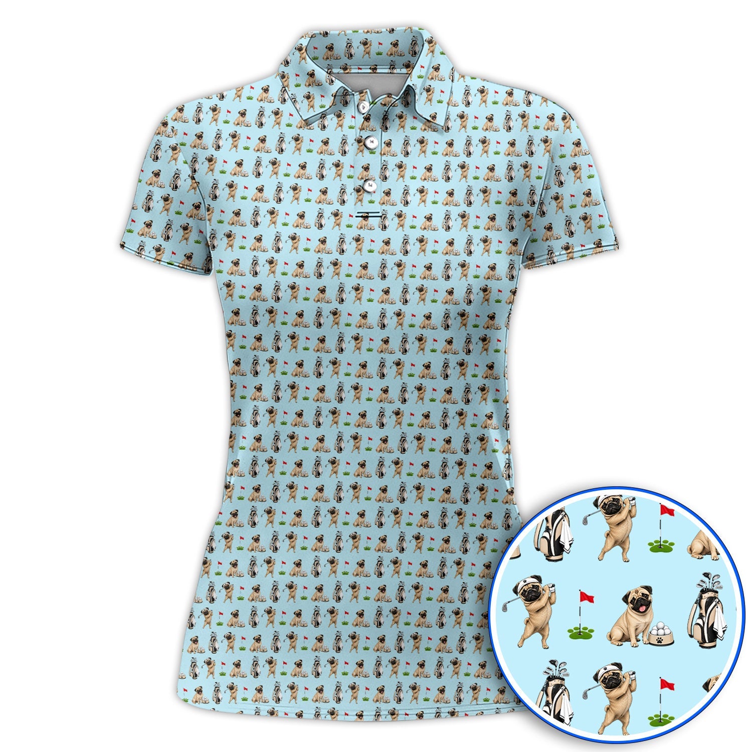 Funny Pug Golf Shirt, Pug Pattern Golf Polos, Dog Lover Golf Gift