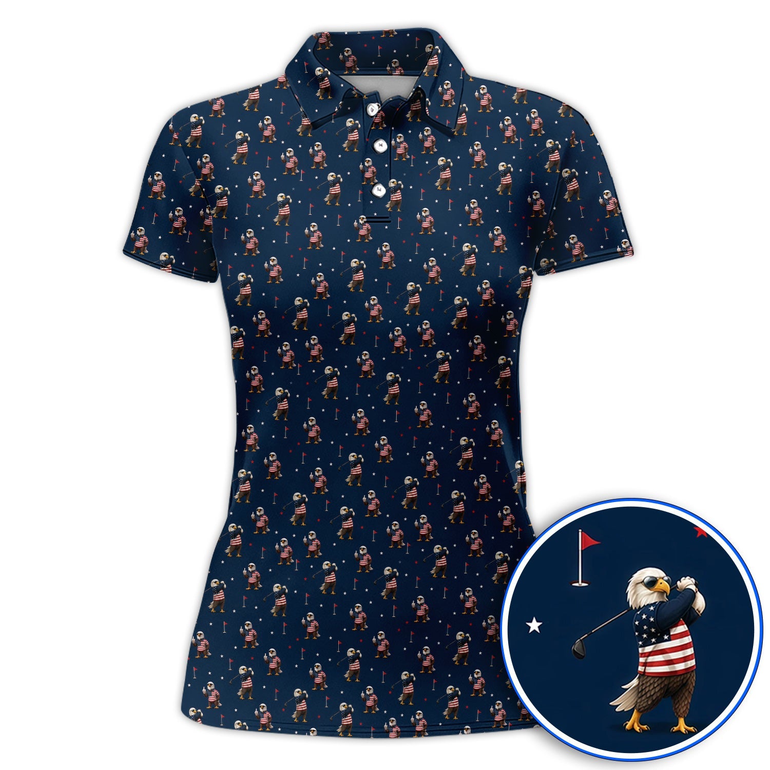 Patriotic Bald Eagle Golf Polos, American Flag Eagle Pattern Golf Shirt, USA Golf Gift For Golfer
