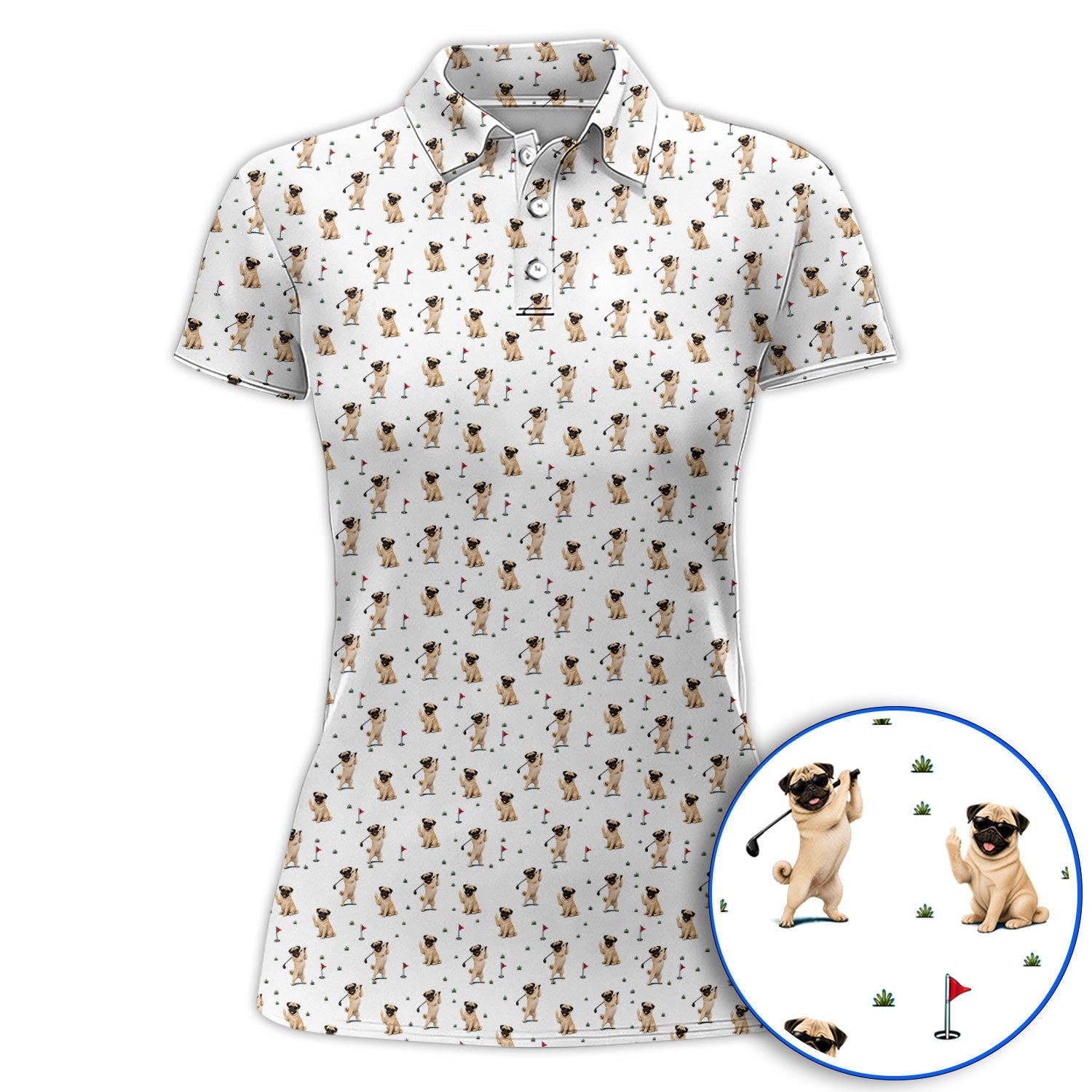Pug Pattern Golf Shirt, Funny Pug Golf Polos, Crazy Golf Gift For Golfer