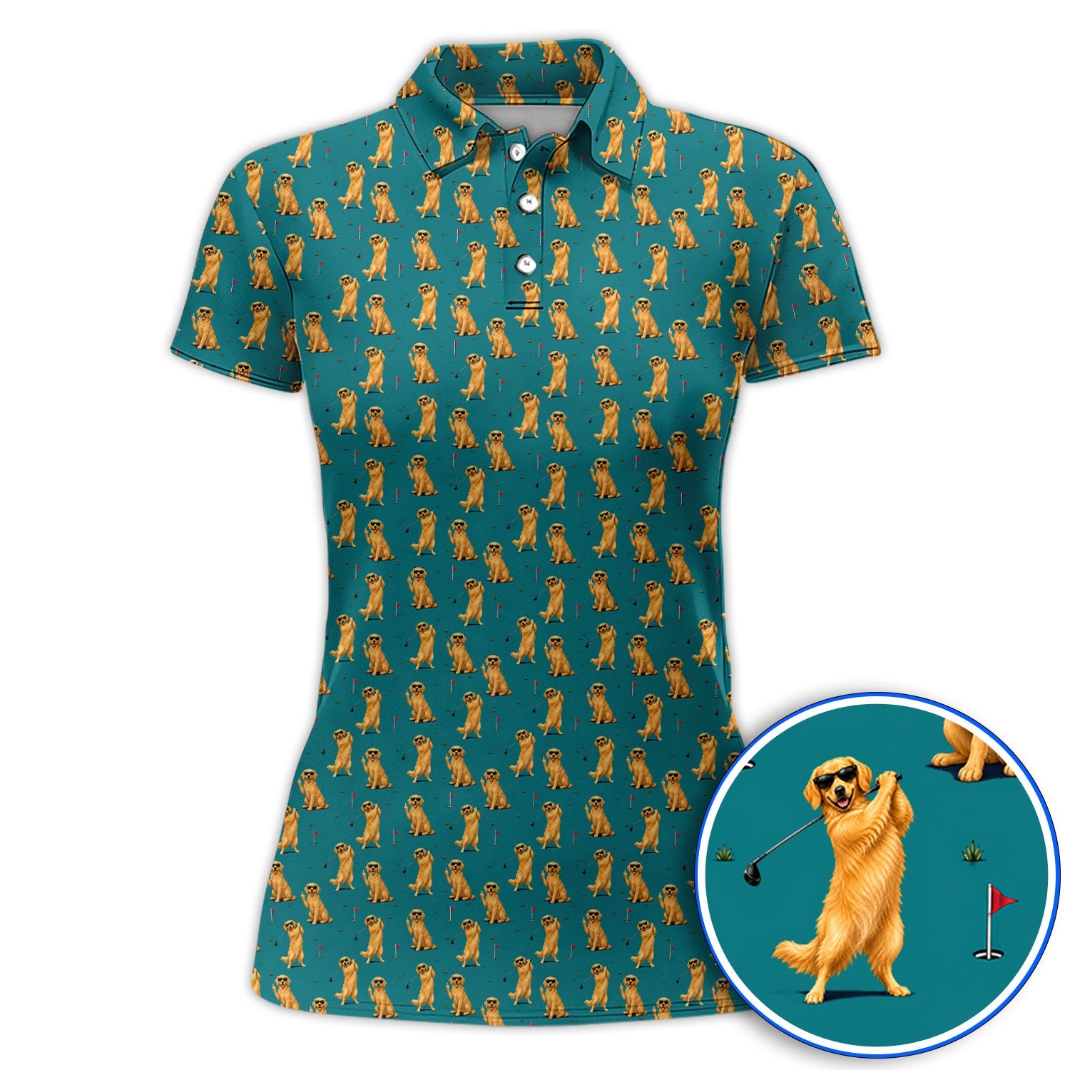 Golden Retriever Fairway Golf Shirt, Golf Dog Pattern Polos, Gift For Golden Retriever Owners