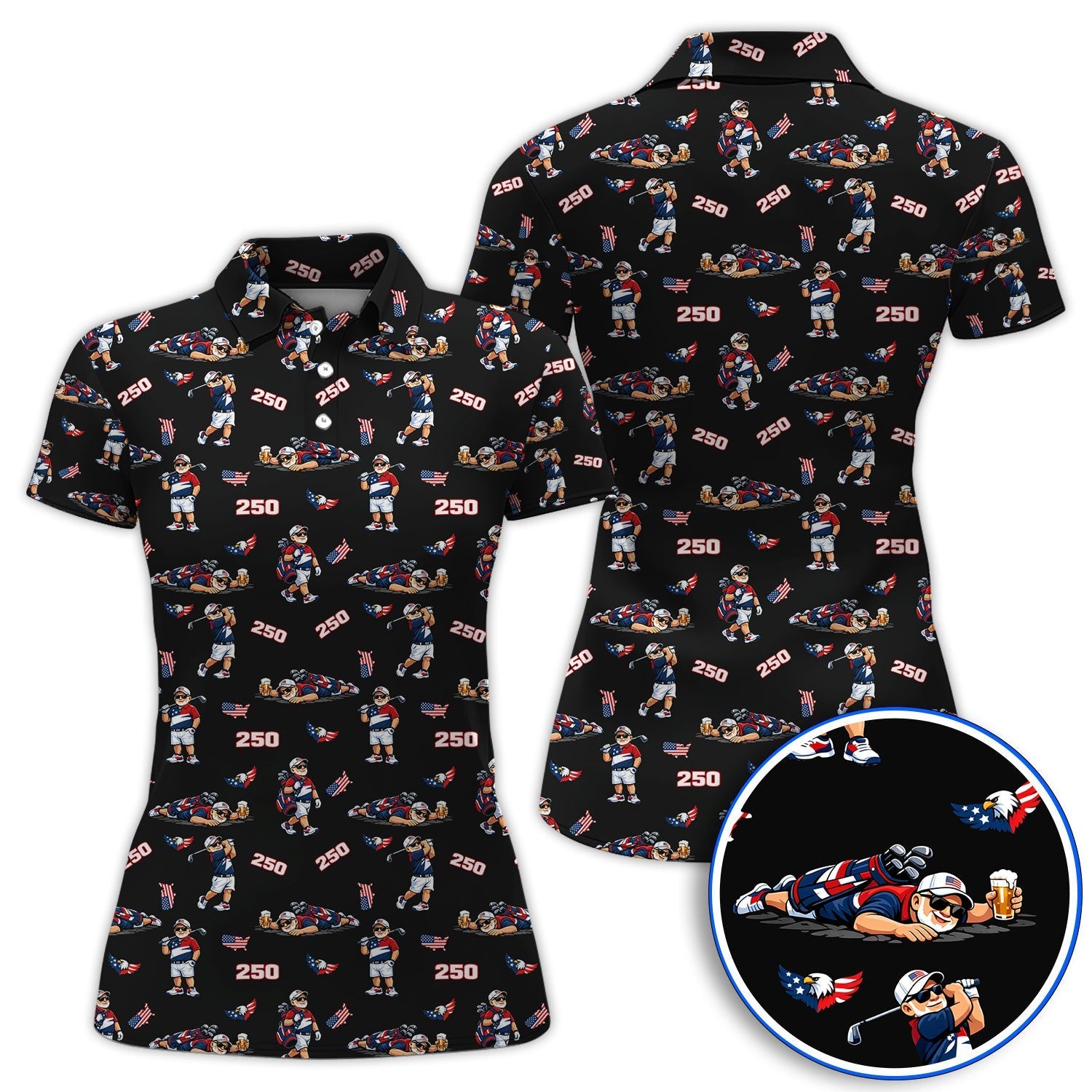 Funny Patriotic USA And Beer Pattern Golf Polos, America 250th Golf Shirt, Golf Gift For Golfer