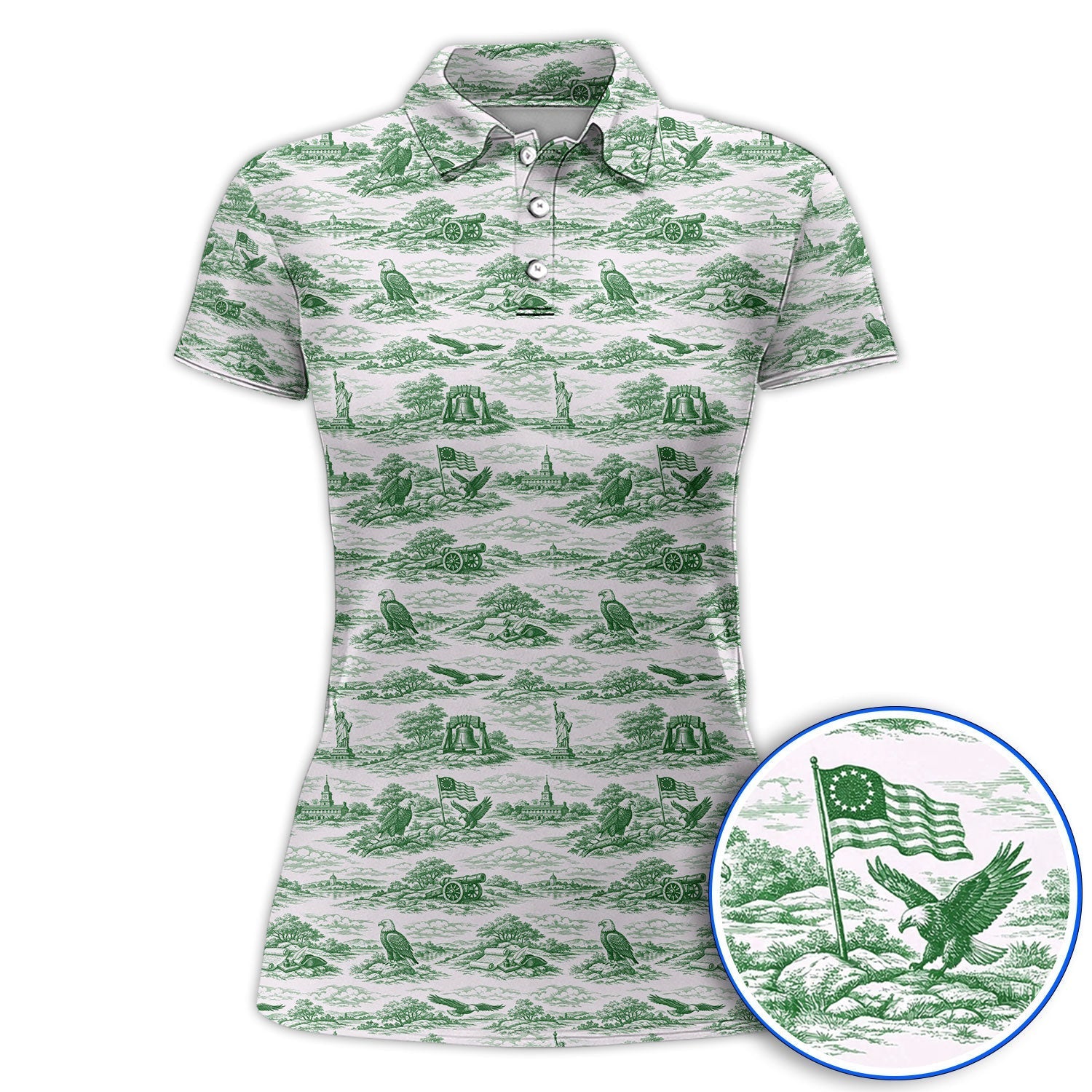 America 250th Patriotic Golf Polos, USA Toile De Jouy Pattern Golf Shirt For Golfer, Crazy Golf Shirt