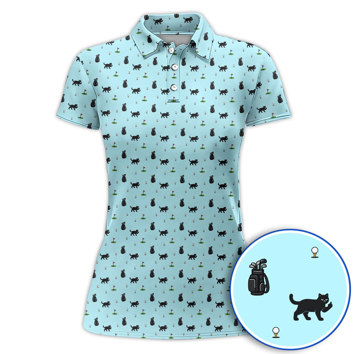 Funny Black Cat Pattern Golf Polos, Cat Golf Shirt For Golfer, Golf Gift For Pet Lover