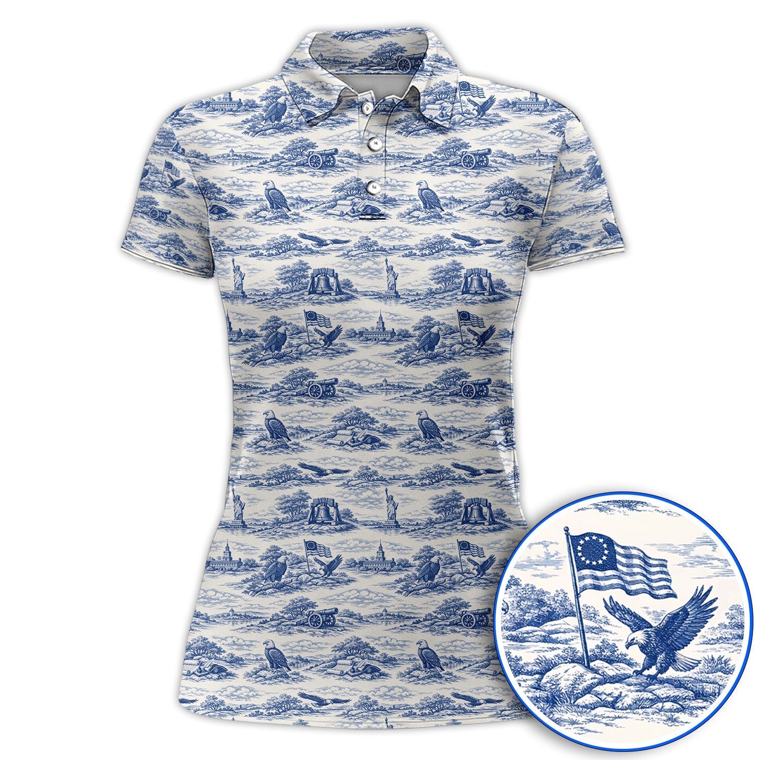 America 250th Patriotic Golf Polos, USA Toile De Jouy Pattern Golf Shirt For Golfer, Crazy Golf Shirt