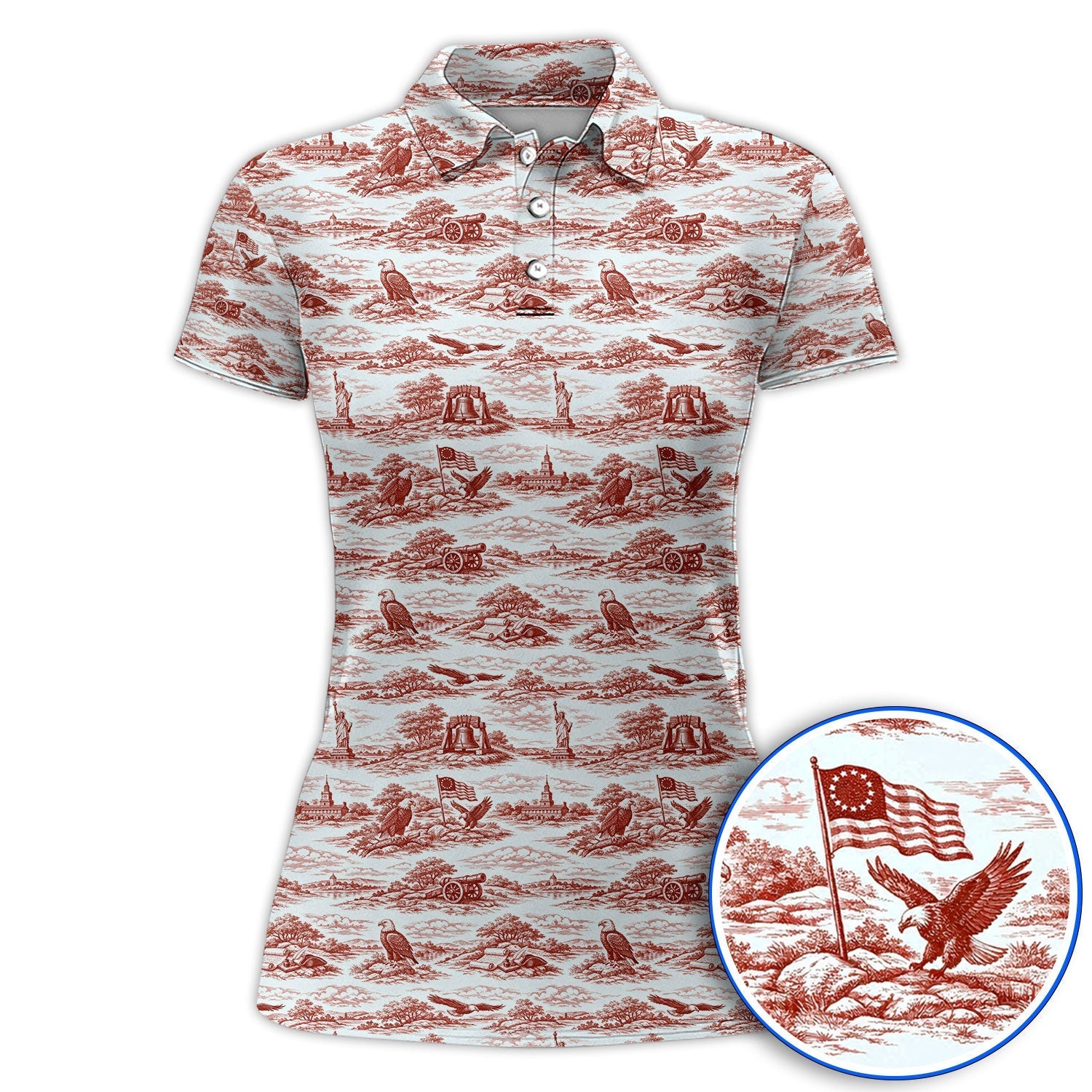 America 250th Patriotic Golf Polos, USA Toile De Jouy Pattern Golf Shirt For Golfer, Crazy Golf Shirt