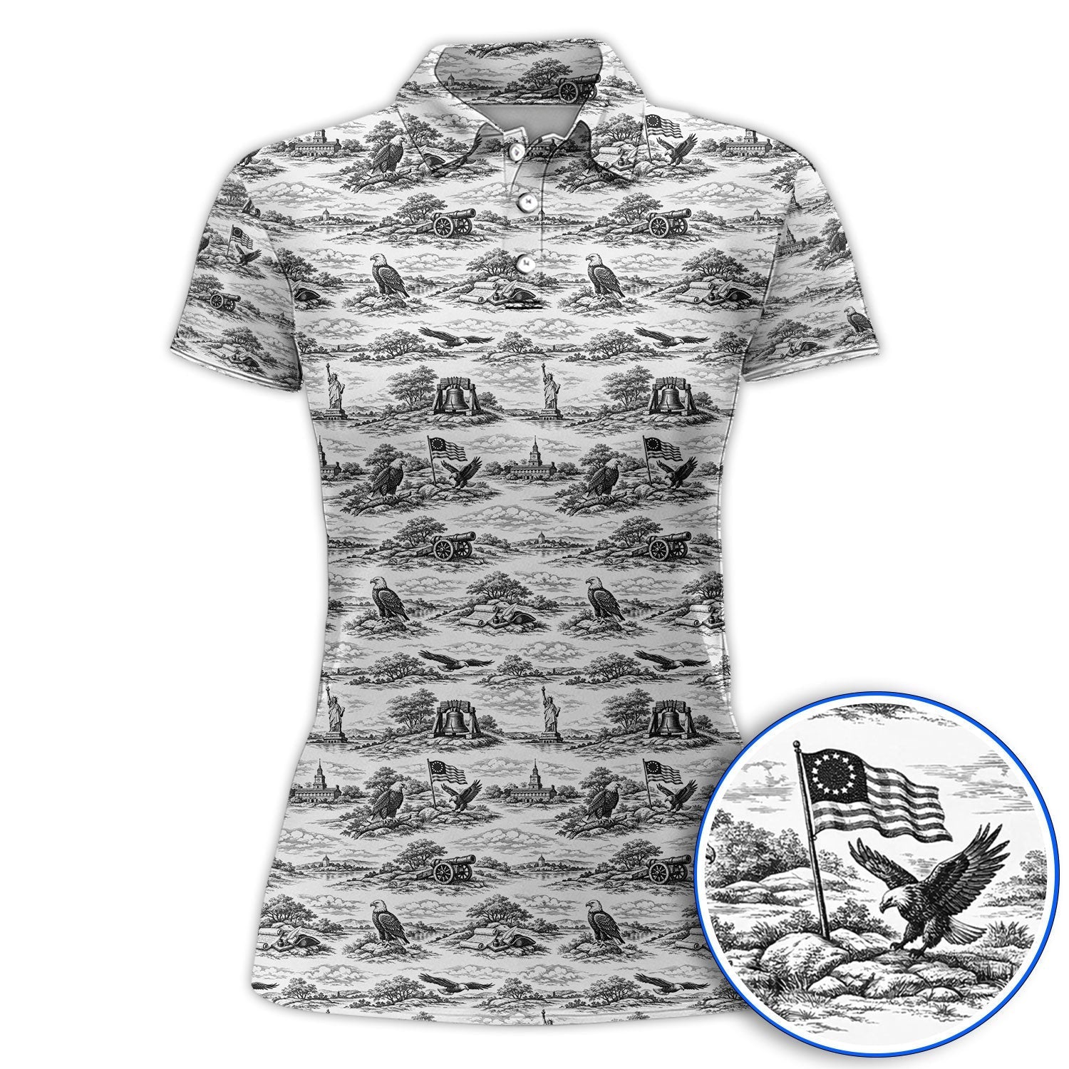 America 250th Patriotic Golf Polos, USA Toile De Jouy Pattern Golf Shirt For Golfer, Crazy Golf Shirt