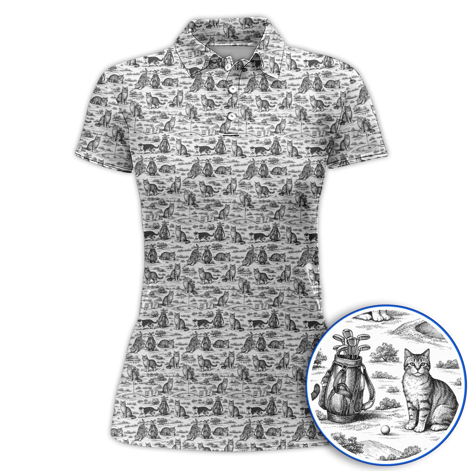 Toile De Jouy Pattern Golf Polos, Crazy Cat Golf Shirt For Golfer, Golf Gift For Pet Lover