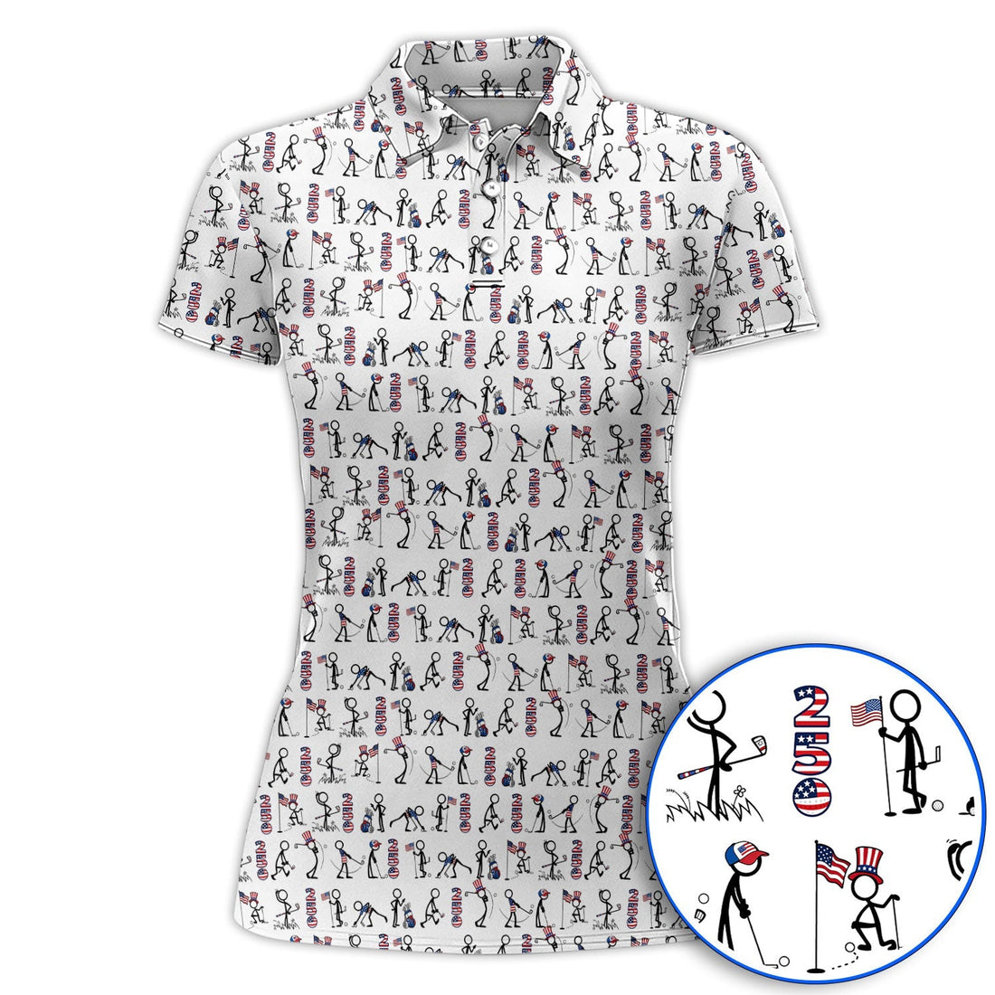 USA 250 Casual Patriotic Golf Shirt, Stick Figure Golfer Pattern Golf Polos, Funny Golf Shirts Gor Golfer