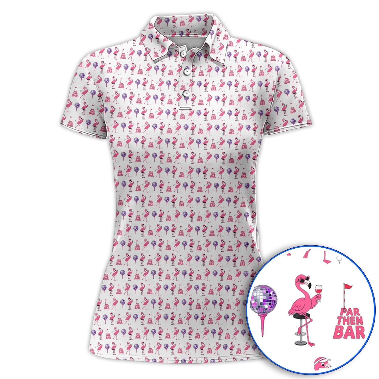Funny Tropical Flamingo Pattern Golf Shirt, Pink Flamingo Bird Golf Polos, Unique Summer Golf Gift For Golfer