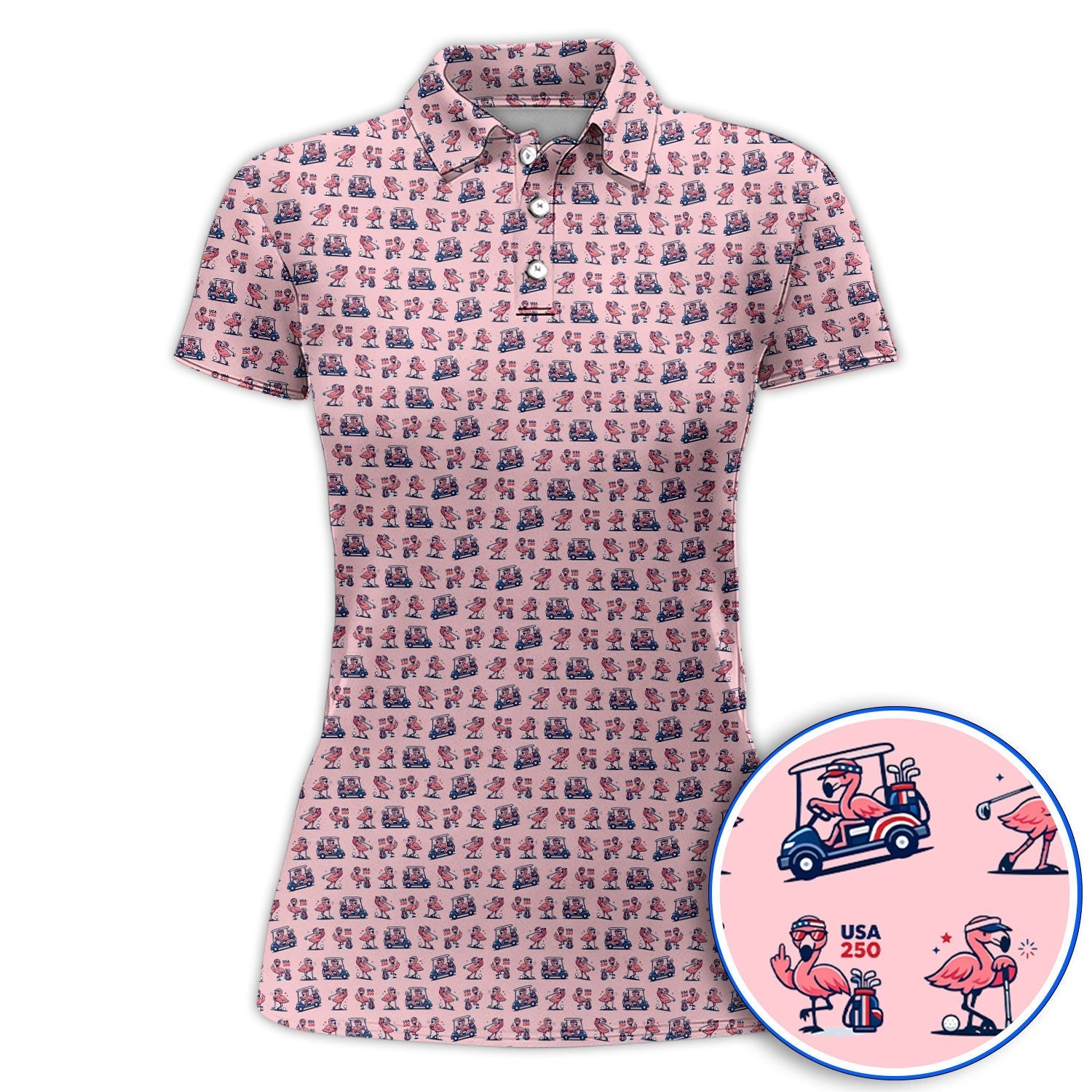 Funny Flamingo Pattern Golf Polos, USA 250 Patriotic Summer Golf Shirt, Crazy Golf Gift For Golfer