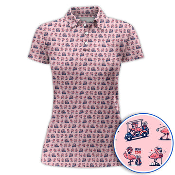 Funny Flamingo Pattern Golf Polos, USA 250 Patriotic Summer Golf Shirt, Crazy Golf Gift For Golfer