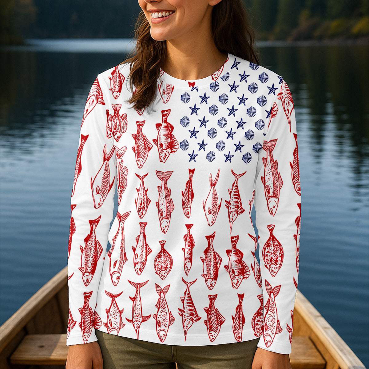American Flag Fish Shirt, Female Fishing Shirts, Women SPF Shirt, Fishing Shirt For Women