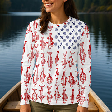 American Flag Fish Shirt, Female Fishing Shirts, Women SPF Shirt, Fishing Shirt For Women