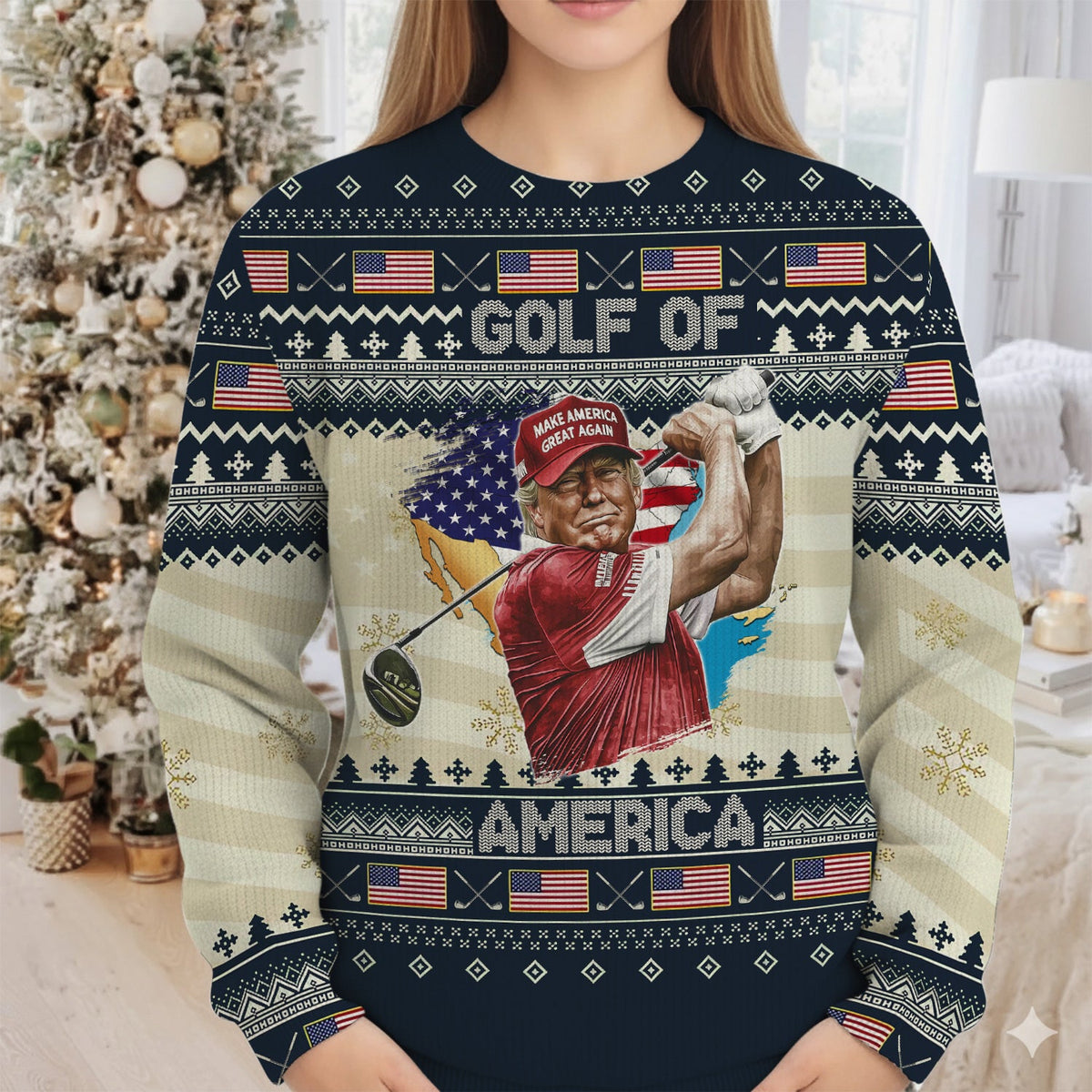 Trump Golf Of America Christmas Golf Shirt Christmas Golf Ugly Sweater, Funny Ugly Sweater, Golf Christmas Sweater