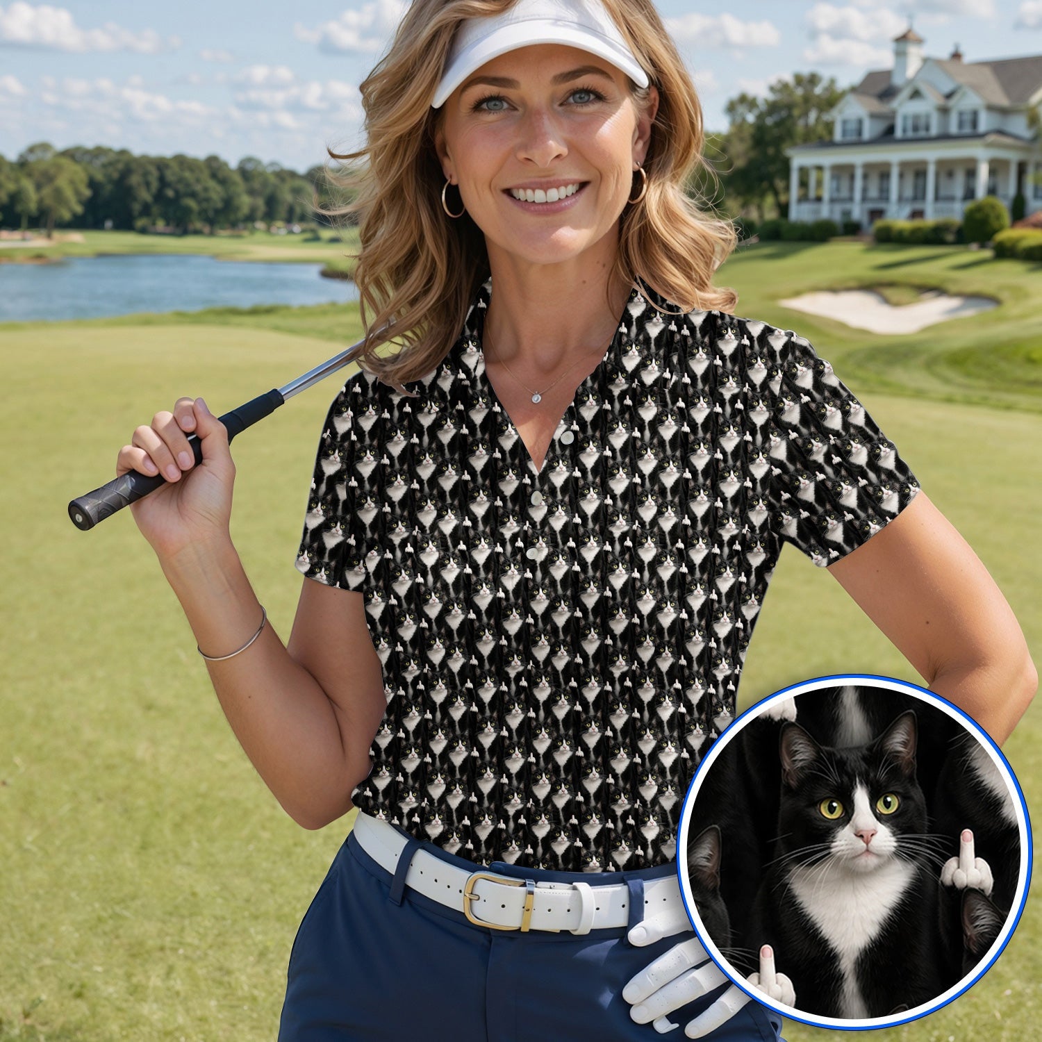 Funny Tuxedo Cat Golf Polos, Black White Cat Pattern Golf Shirt, Crazy Cat Dad Golf Apparel