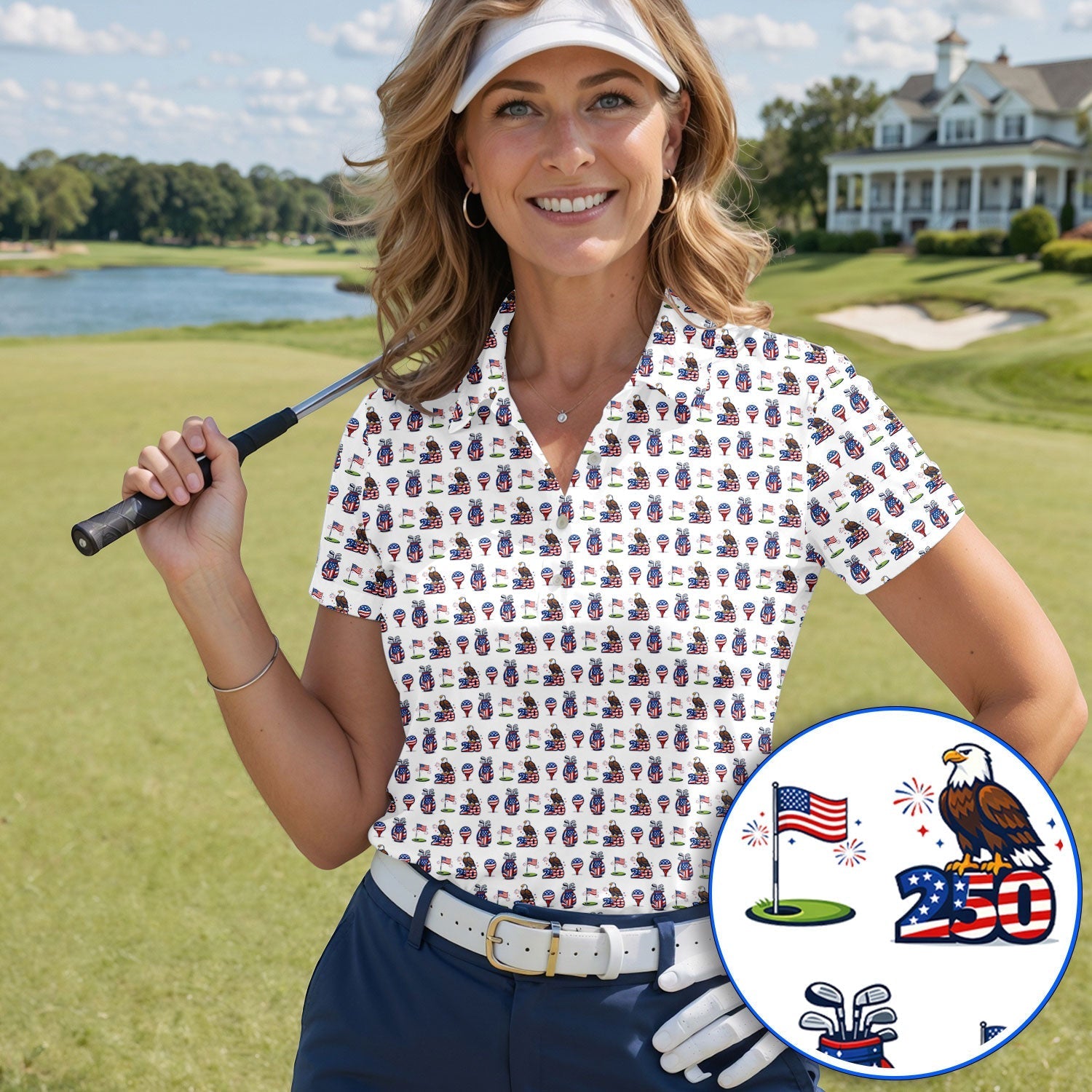 American Freedom Pattern Golf Shirt, USA 250 Eagle & Flag Pattern Golf Polos, Crazy Golf Gift For Golfer