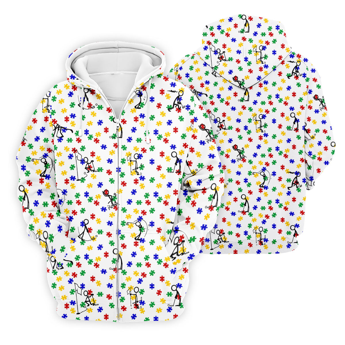 Funny Stick Figure Autism Puzzle Polo ShirtFor Men, Autism Awareness Golf Shirt, Golfing Apparel