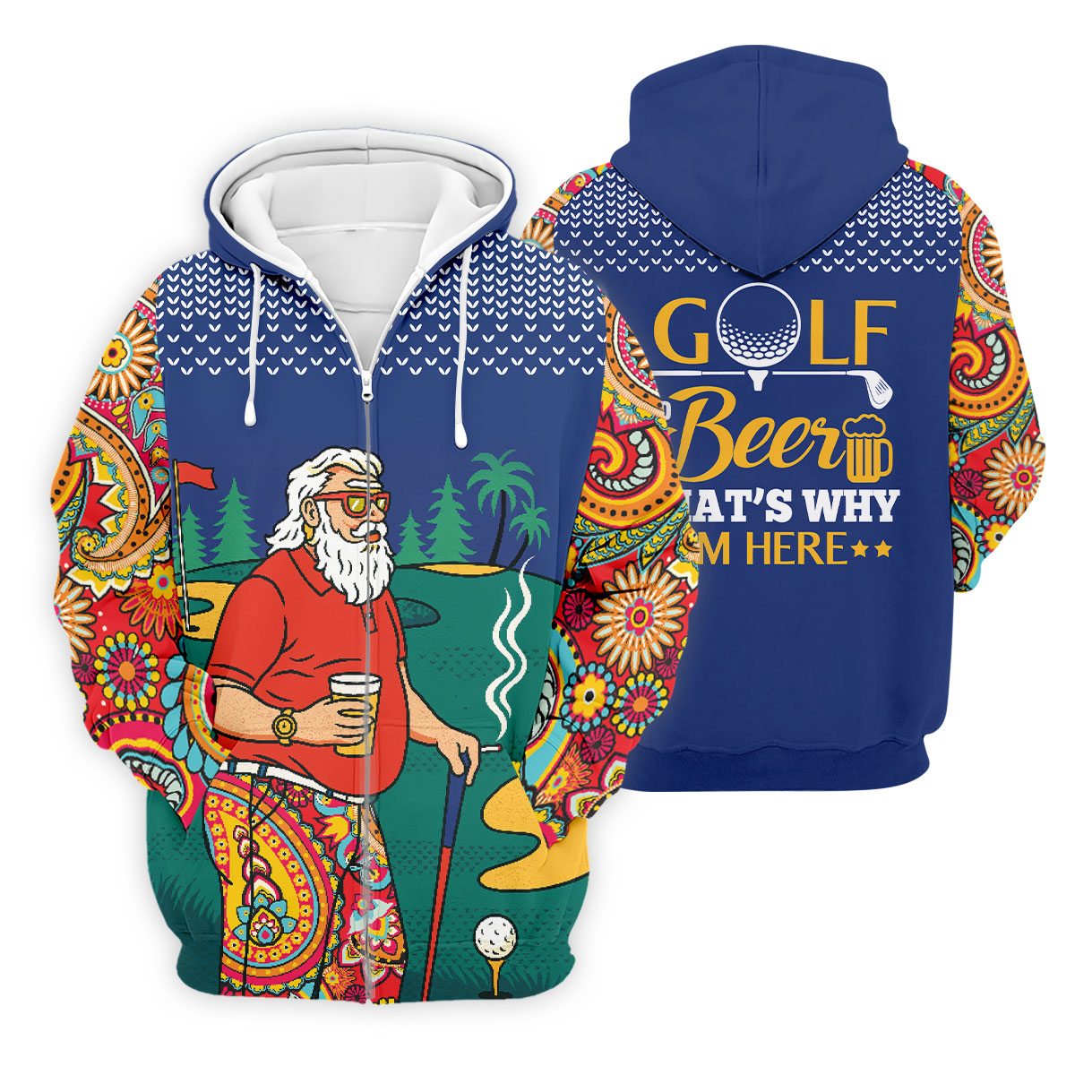 Funny Bearded Golfer With Beer And Paisley Sleeves Golf Polo, Golf Shirts For Men, Hawaiian Golf Shirt