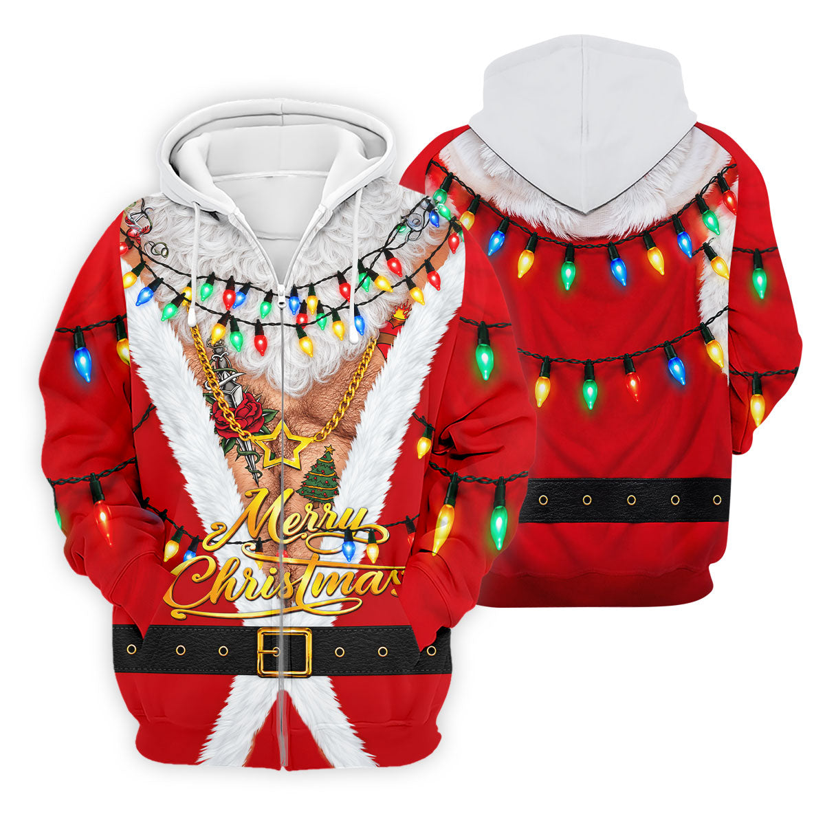 Merry Christmas Santa Lights Gold Chain Polo Shirt, Mens Golf Polo, Golf Shirts For Men