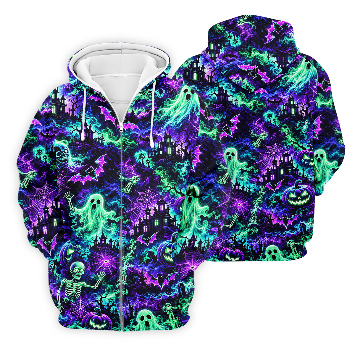 Neon Ghost Skeleton Halloween Horror Character Polo Shirt, Golf Shirt, Mens Golf Polo