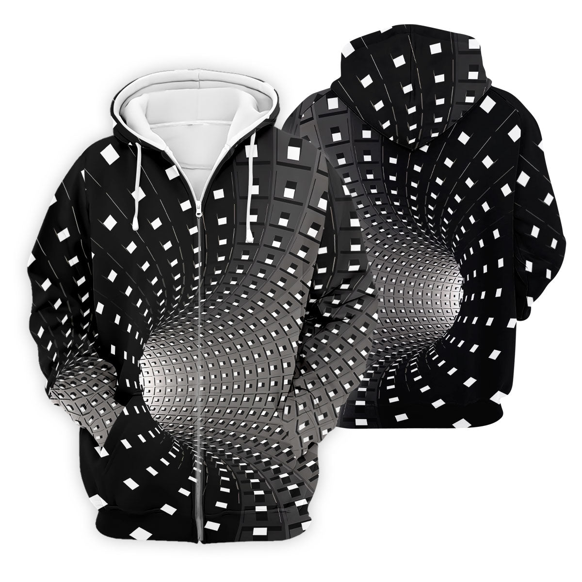 3D Vortex Golf Shirt, Black White Optical Illusion Tunnel Pattern, Golf Shirt For Men