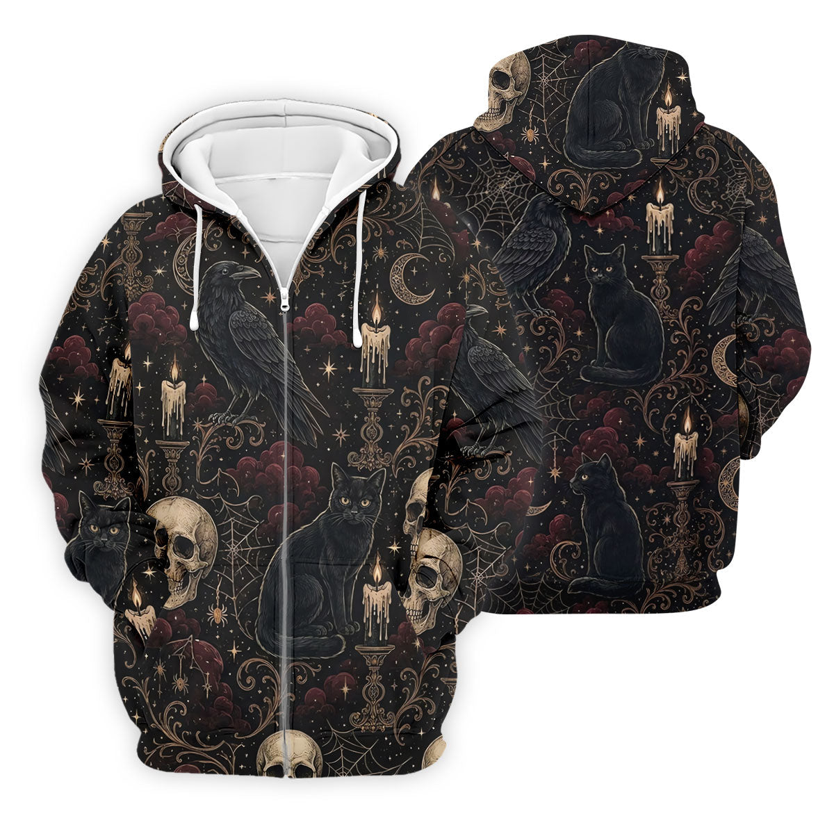 Gothic Raven Black Cat Skull Halloween Polo Shirt, Golf Shirts For Men, Mens Golf Apparel