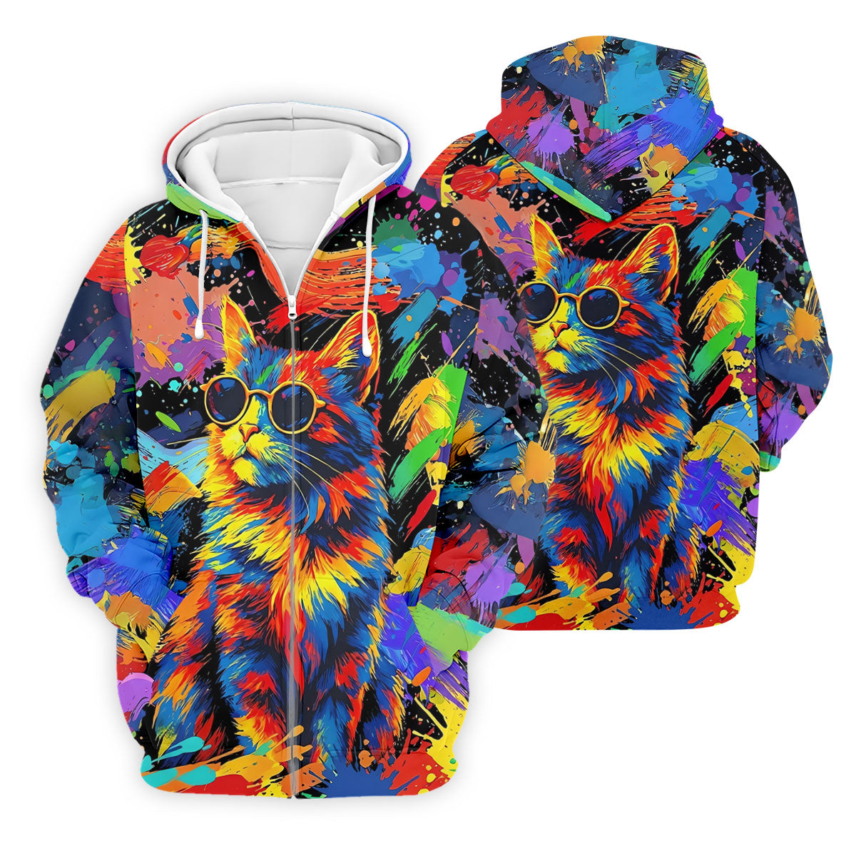 Colorful Cat Sunglasses Paint Splash Golf Shirt, Men's Golf Shirt, Golf Apparel For Men