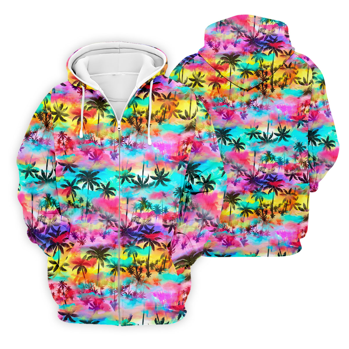 Watercolor Tropical Palm Golf Shirt, Colorful Sunset Hawaiian Polo, Polo Shirts For Men