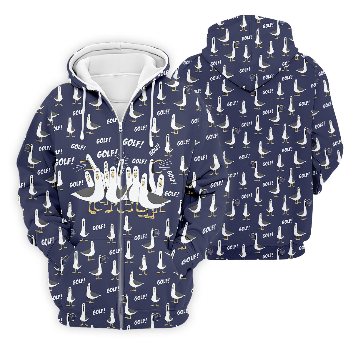 Funny Seagull Halloween Golf Shirt, Cartoon Bird Pattern, Mens Golf Apparel, Hawaiian Golf Shirt