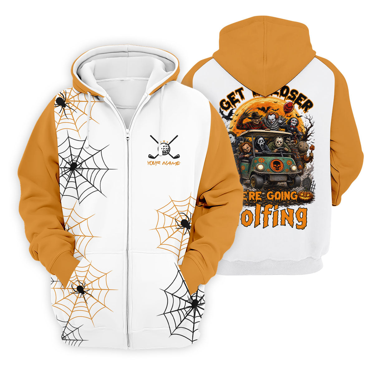 Custom Get In Loser We're Going Golfing Halloween Horror Character Golf Shirt, Golf Shirts For Men
