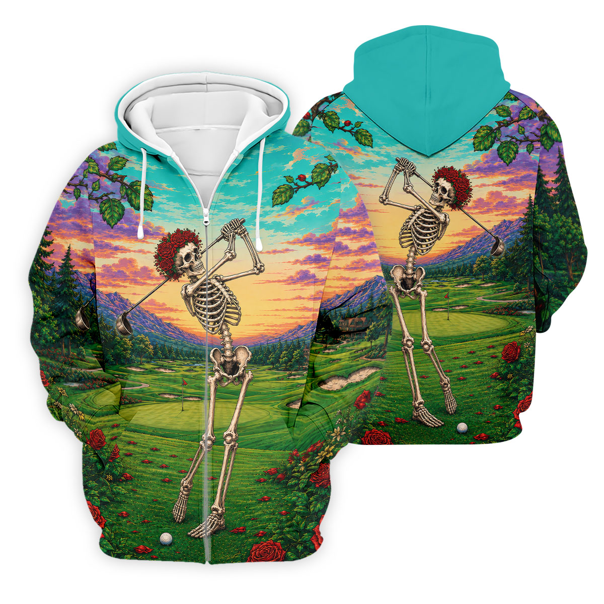 Skeleton Golfer Sunset Golf Course Shirt, Mens Golf Apparel, Halloween Golf Shirt