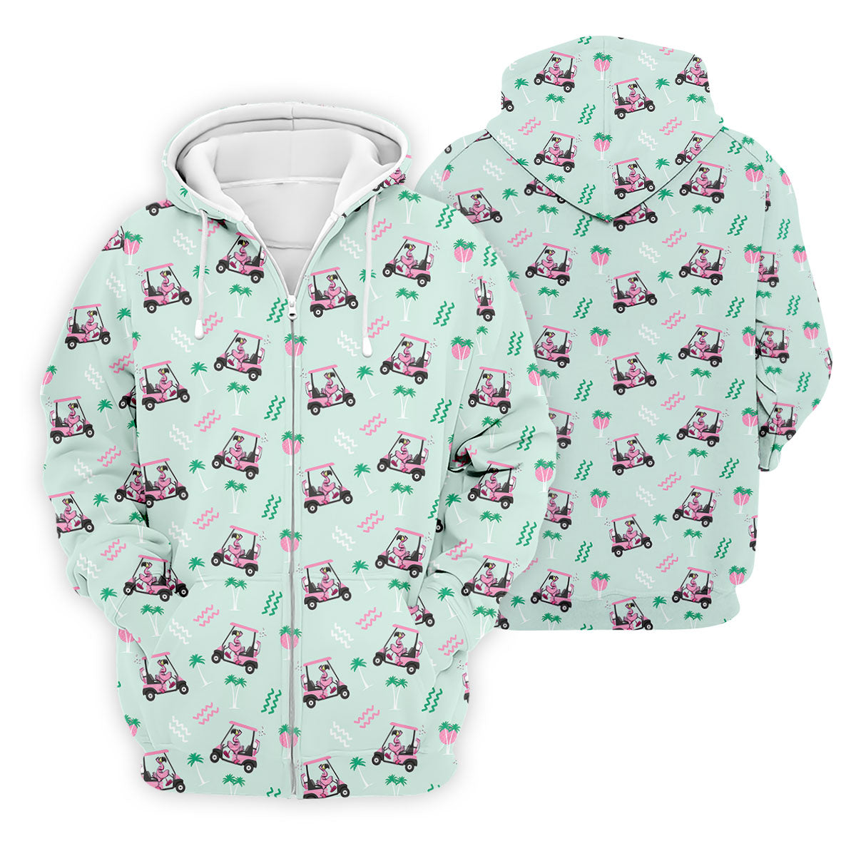Funny Flamingo Golf Cart Tropical Pattern Polo Shirt, Mens Golf Polo, Golf Apparel For Men