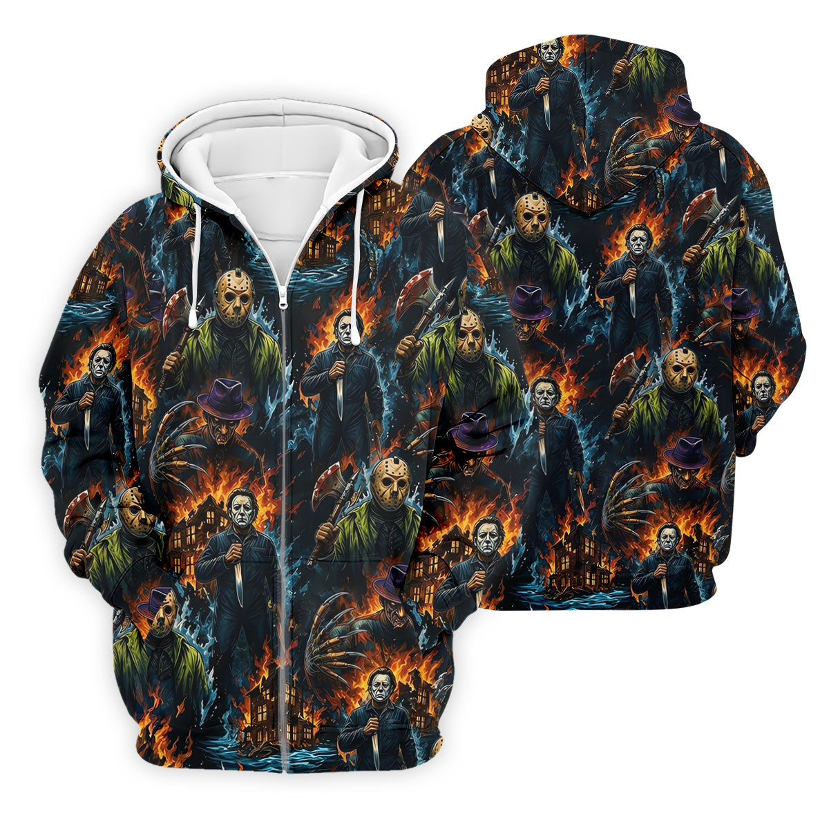 Horror Character Fire Collage Halloween Polo Shirt, Mens Golf Shirts, Mens Polo Shirts