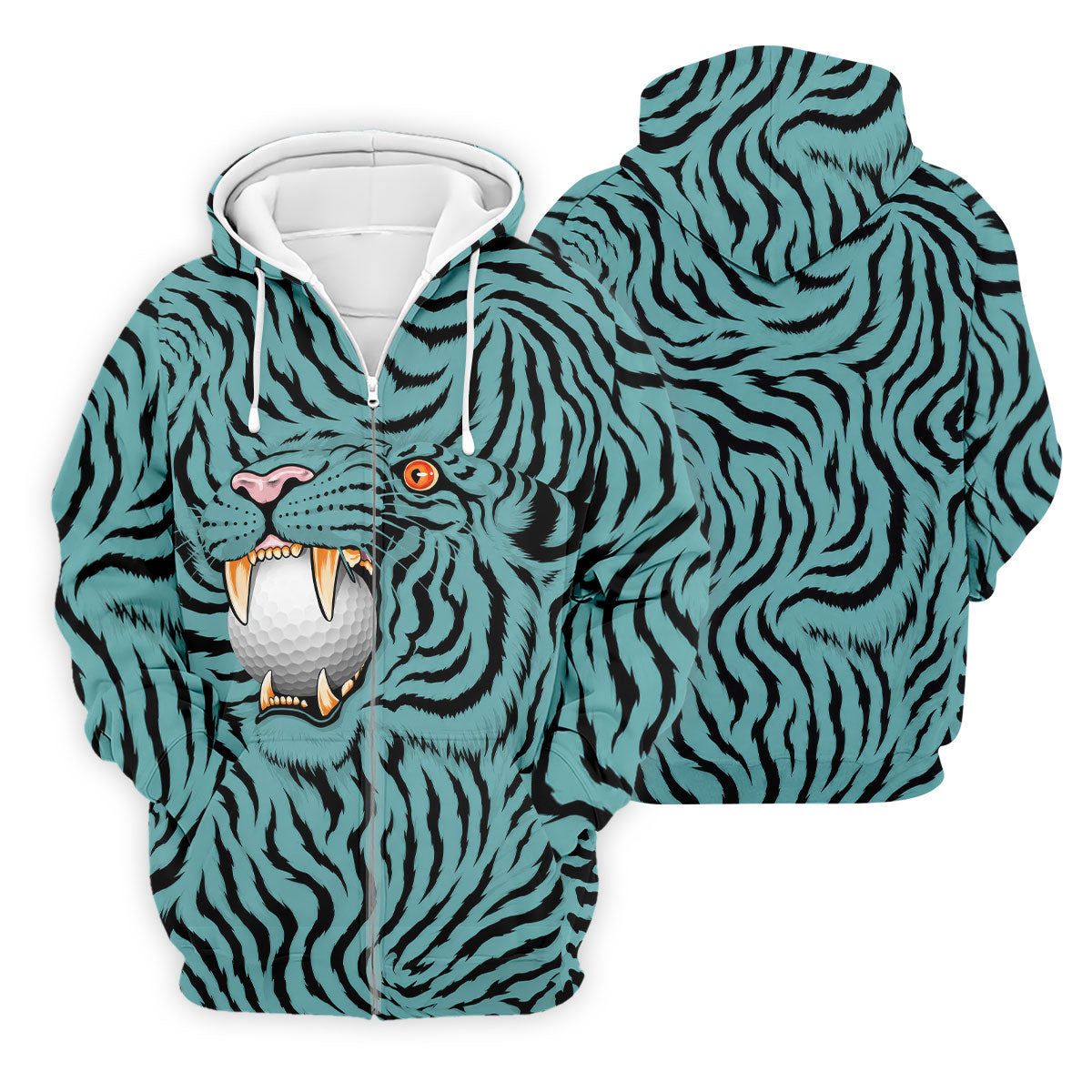 Funny Striped Tiger Biting Golf Ball Polo Shirt, Polo Shirts For Men, Mens Golf Apparel