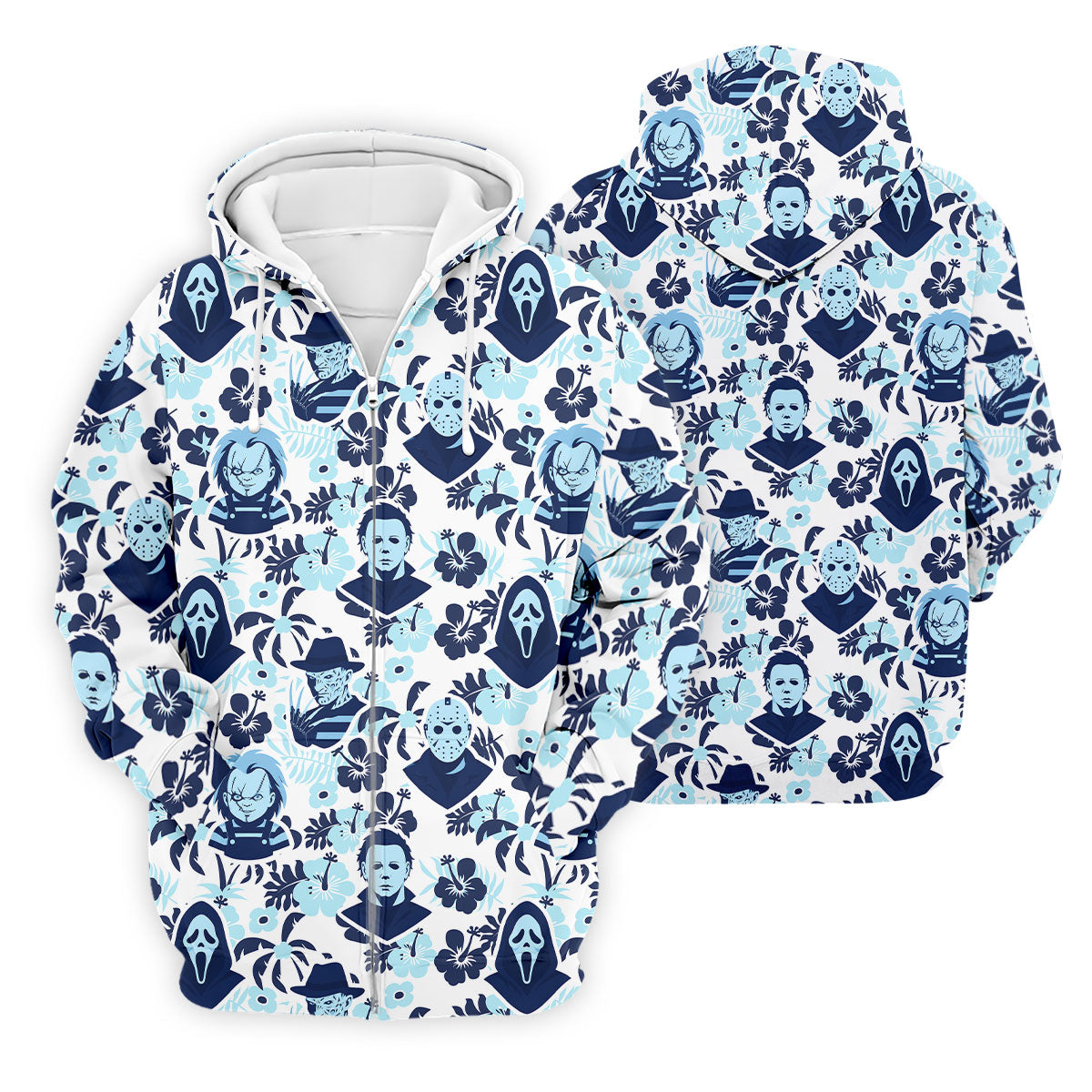 Blue Tropical Horror Character Halloween Golf Shirt, Mens Golf Apparel, Hawaiian Golf Shirt