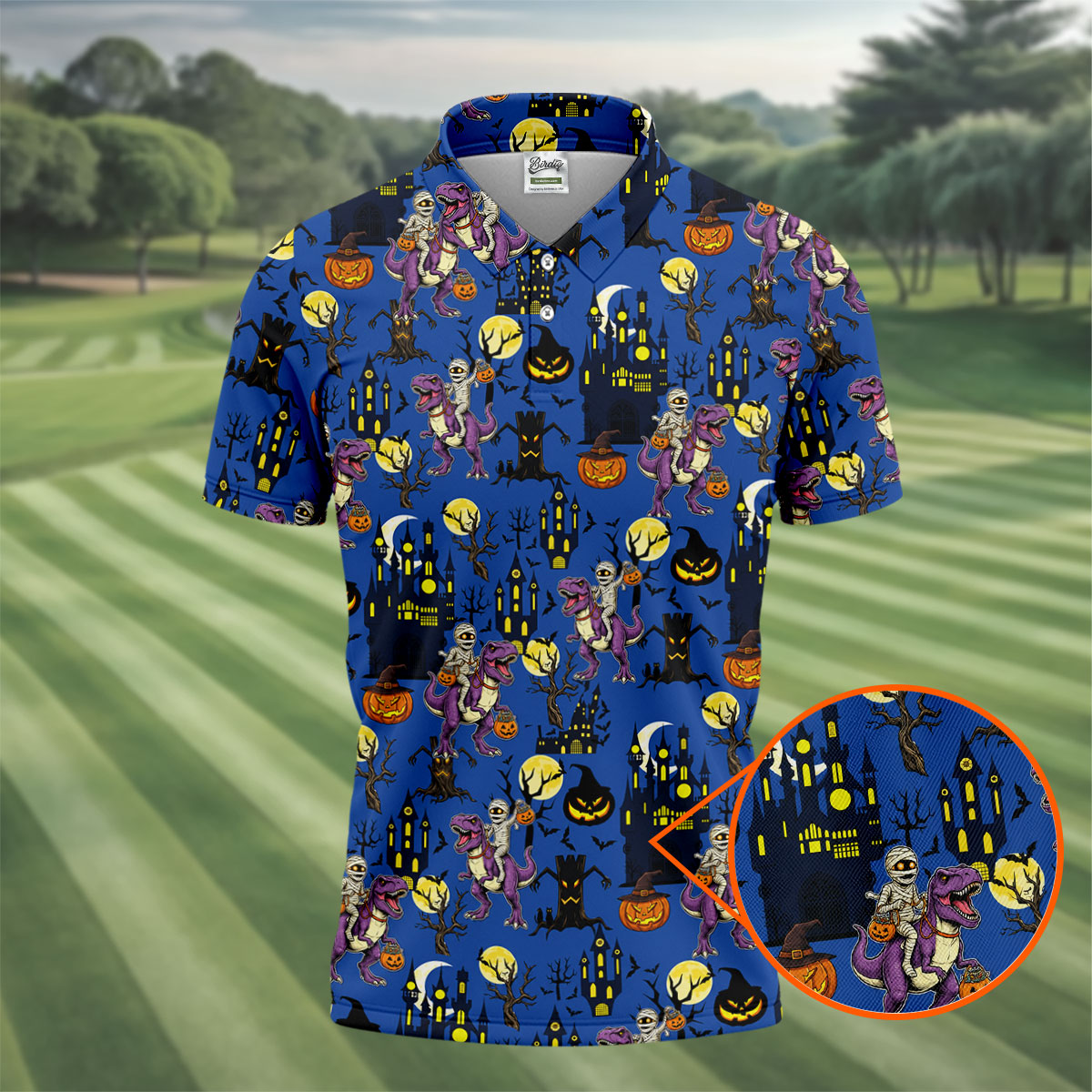 Dinosaur Mummy Pumpkin Halloween Polo Shirt, Mens Golf Shirts, Golf Polo Shirts For Men