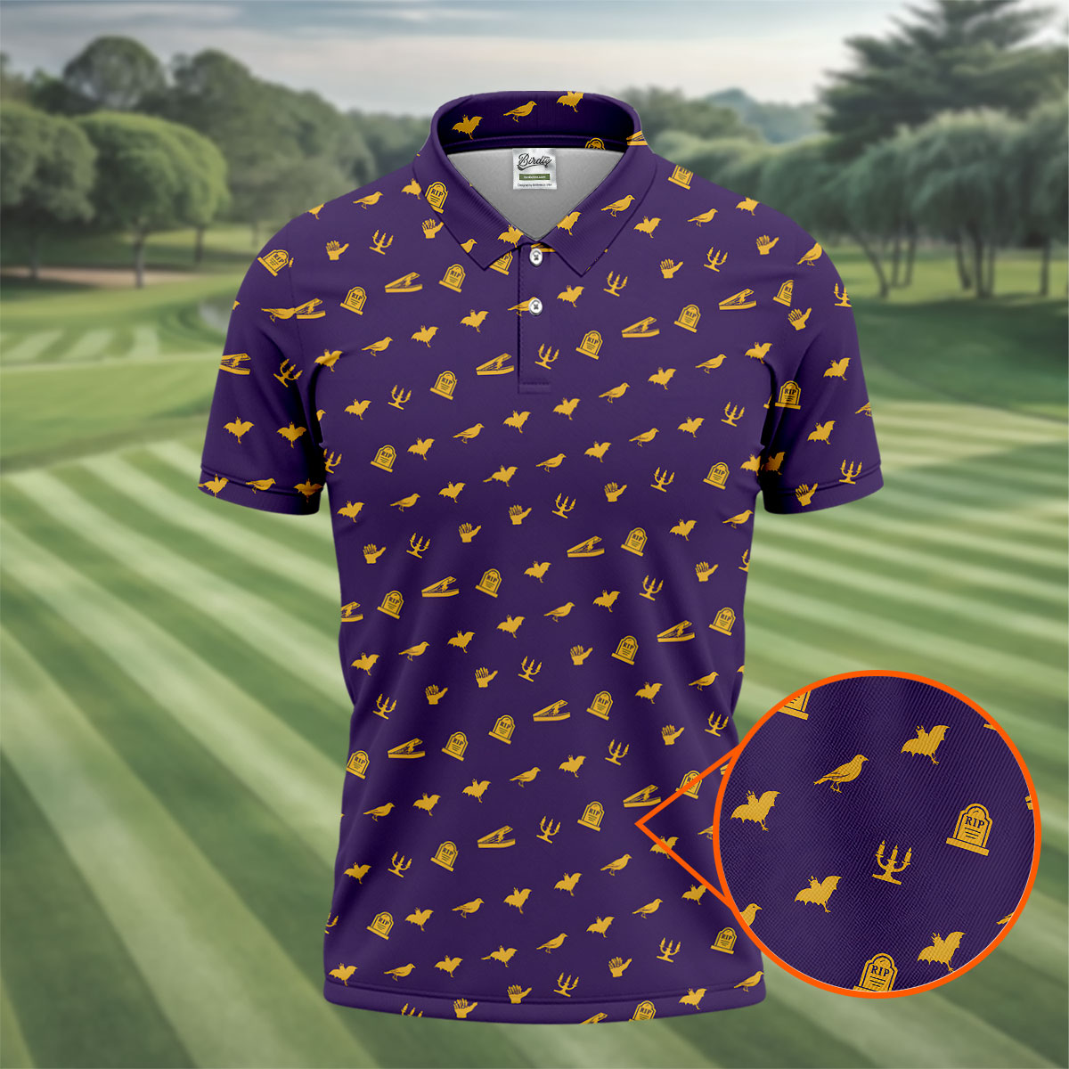 Purple Gravestone Bat Halloween Pattern Polo Shirt, Golf Shirts For Men, Mens Polo Shirts