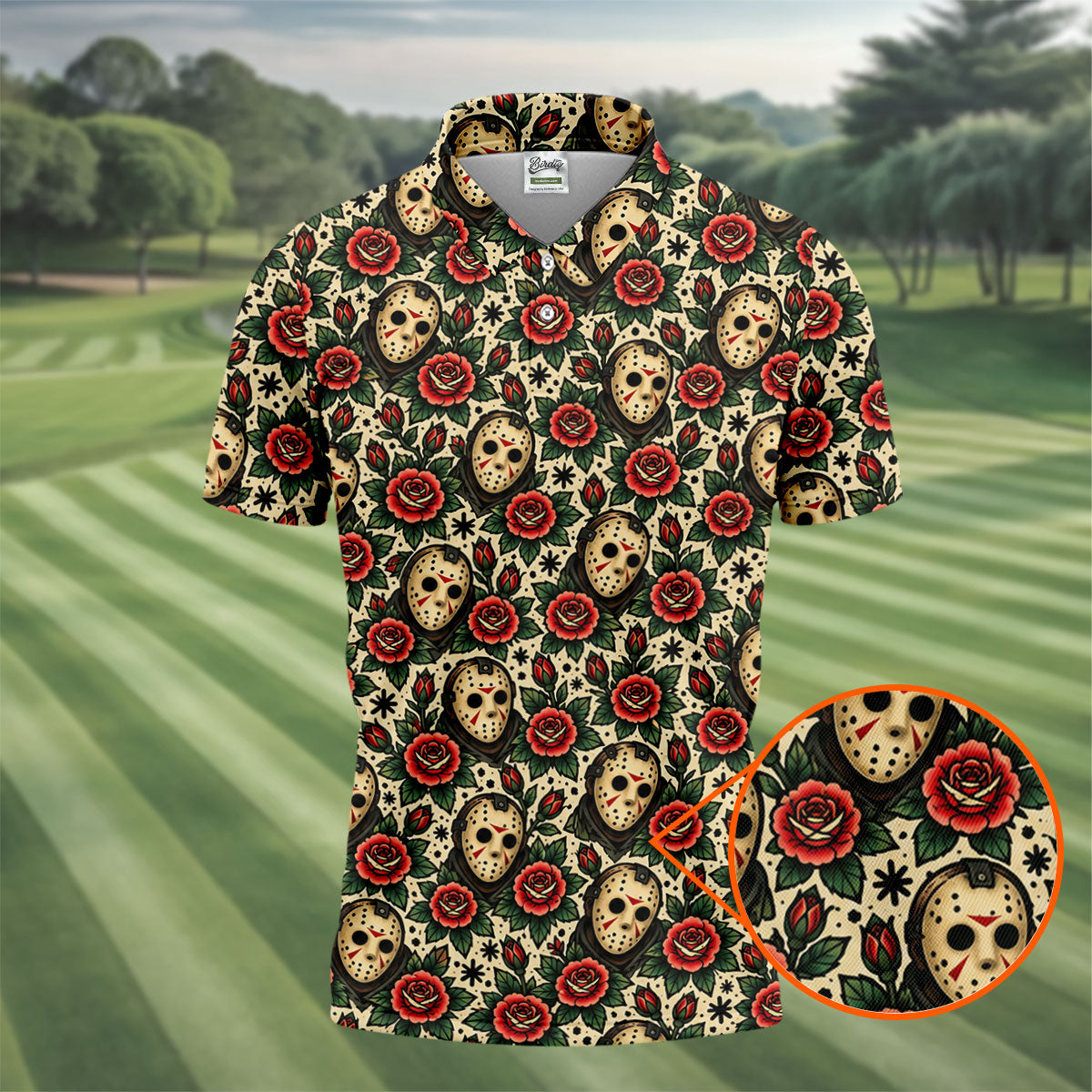 Rose Mask Halloween Horror Character Polo Shirt, Mens Golf Polo, Mens Golf Apparel