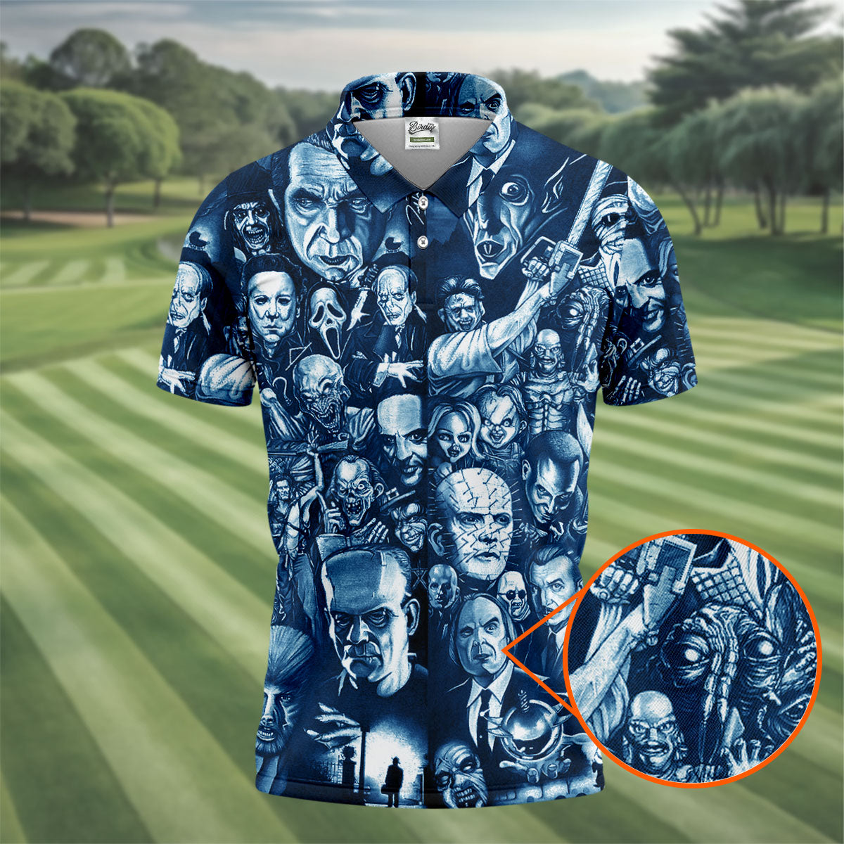 Horror Character Collage Halloween Polo Shirt, Printed Golf Shirts, Golf Apparel For Men