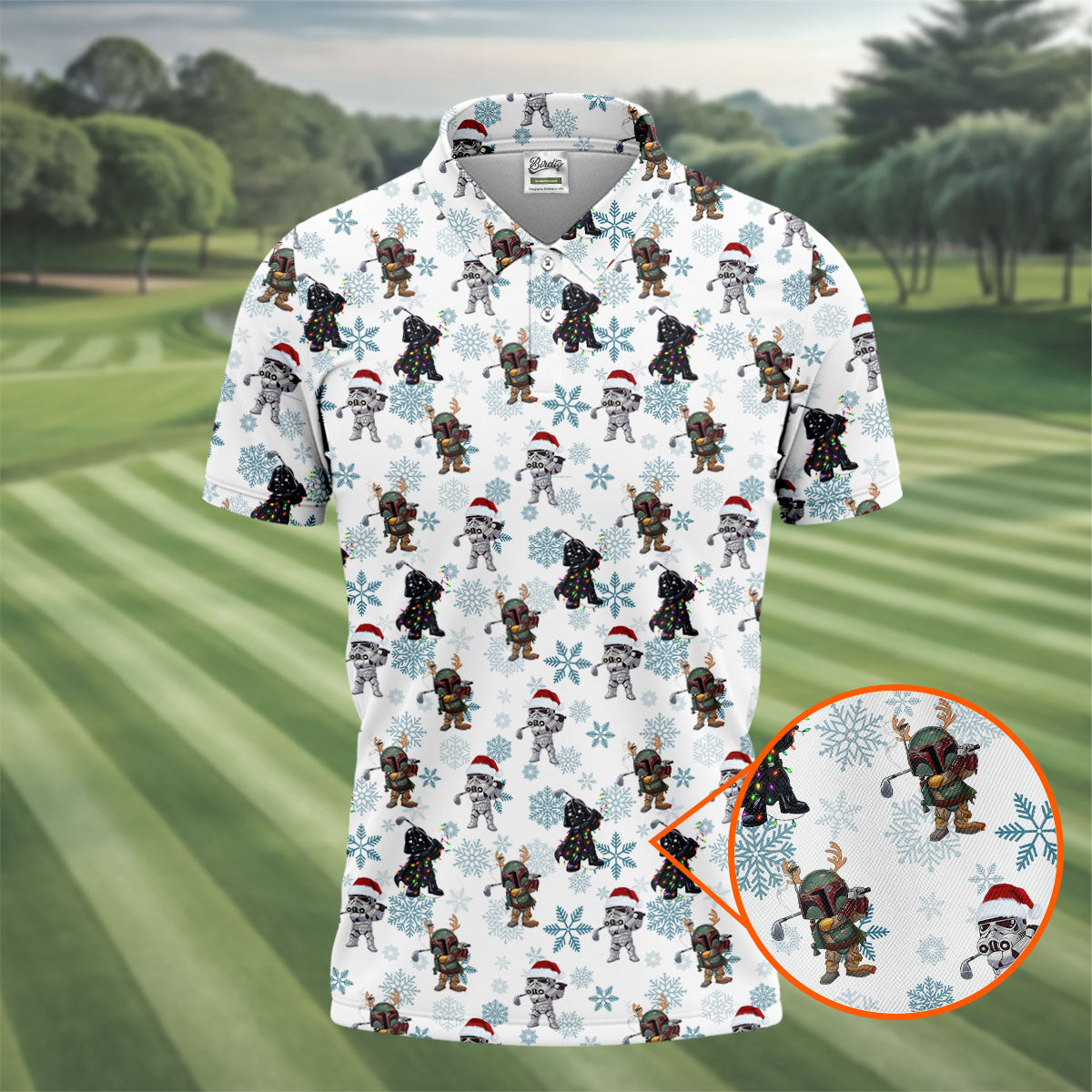Christmas Space Characters Pattern Polo Shirt, Mens Golf Shirts, Golf Polo Shirts For Men